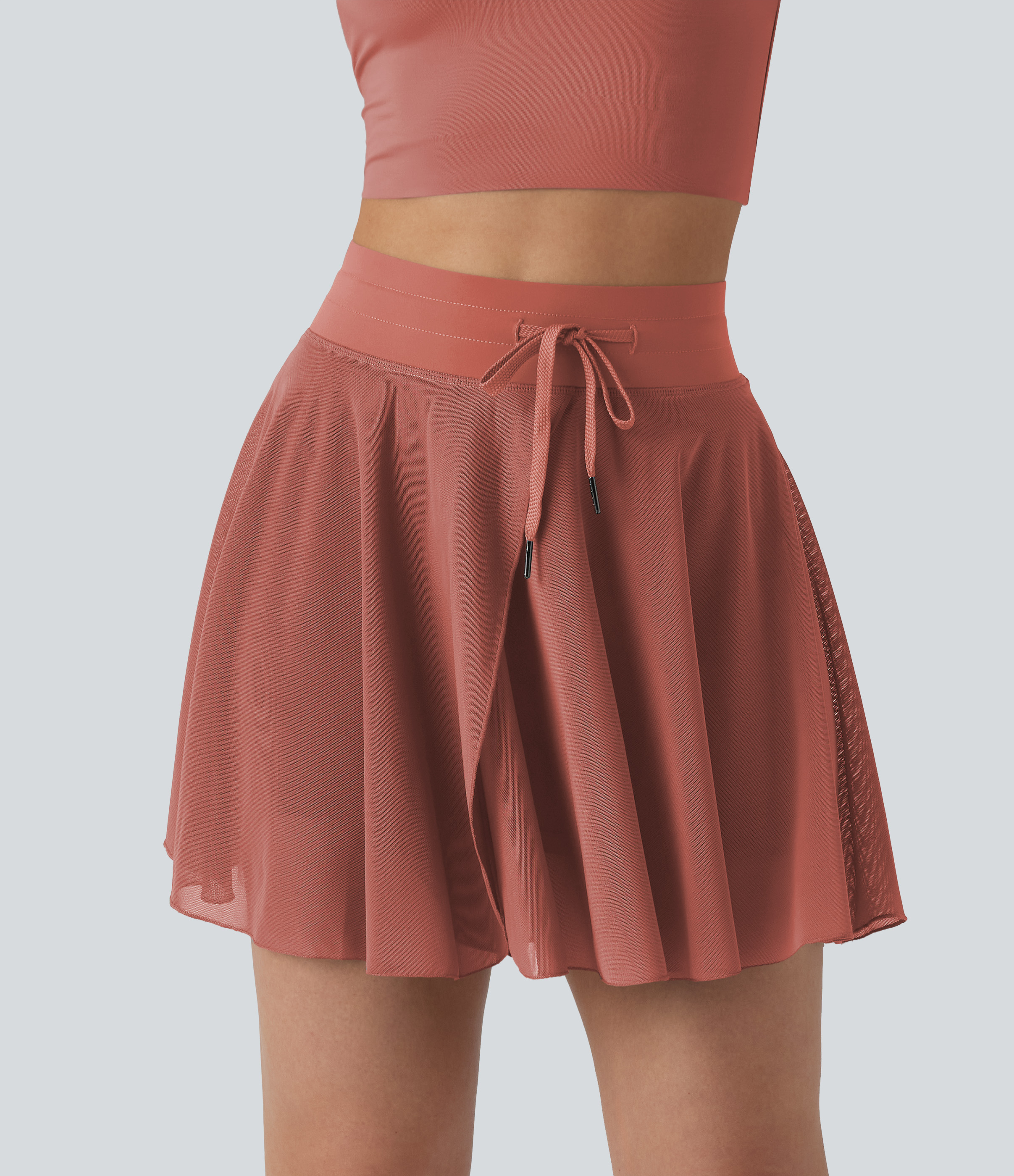 High Waisted Drawstring Contrast Mesh 2-in-1 Pocket Flowy Mini Flare Casual Skirt-Longer Length