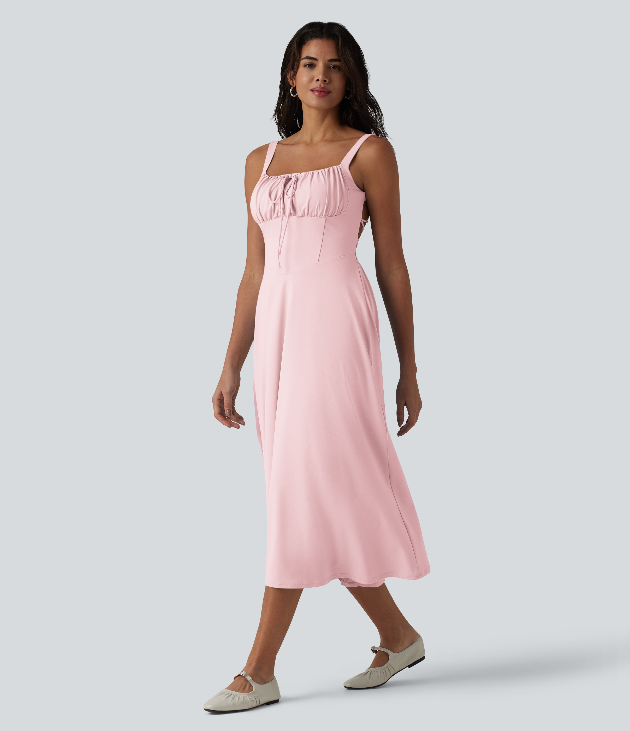 Crisscross Backless Square Neck Sleeveless Ruched Built-in Bra Midi Resort Flowy Dress