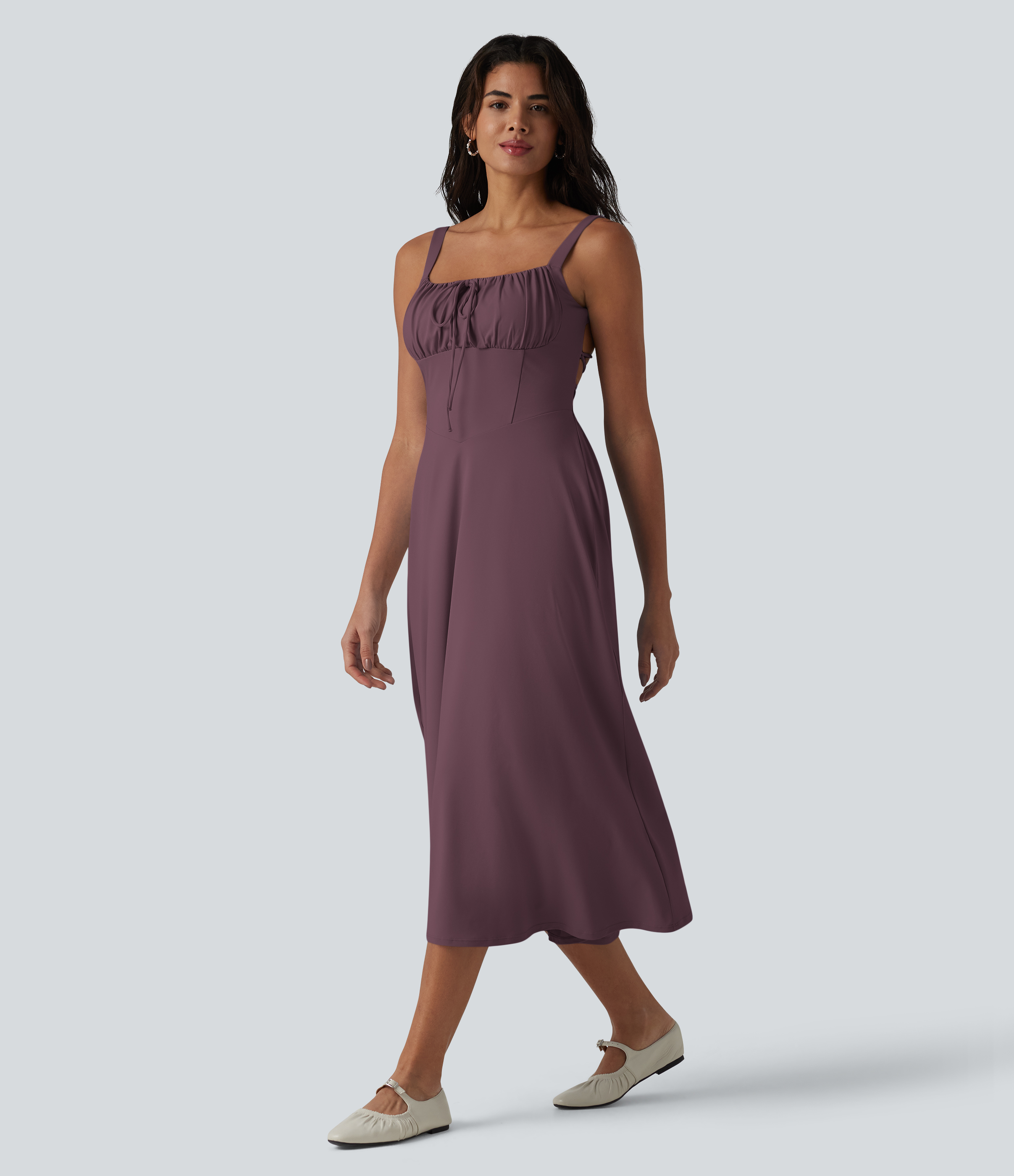 Crisscross Backless Square Neck Sleeveless Ruched Built-in Bra Midi Resort Flowy Dress