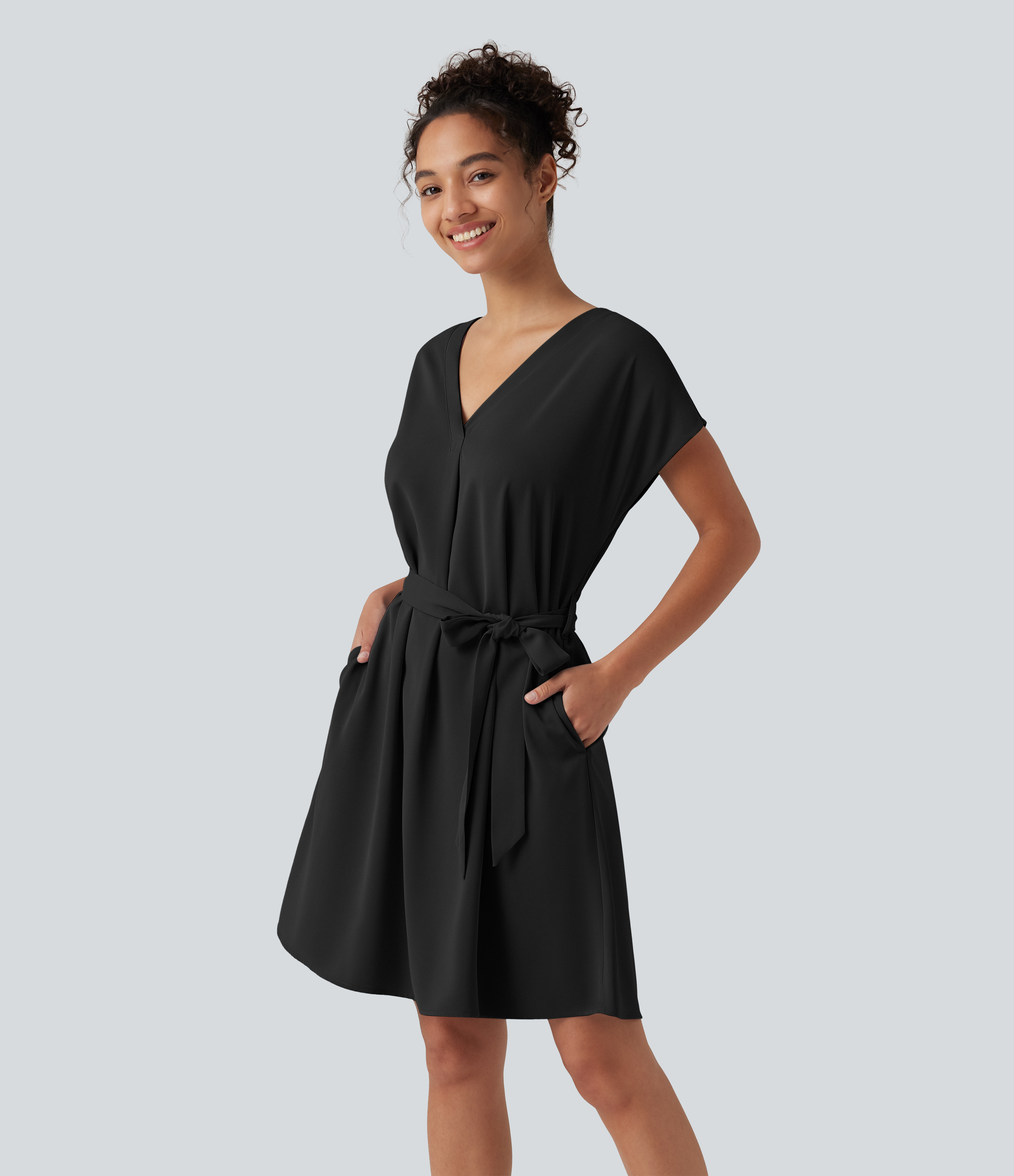 Wrinkle Recovery V Neck Batwing Sleeve Belted Mini Work Dress with Pockets