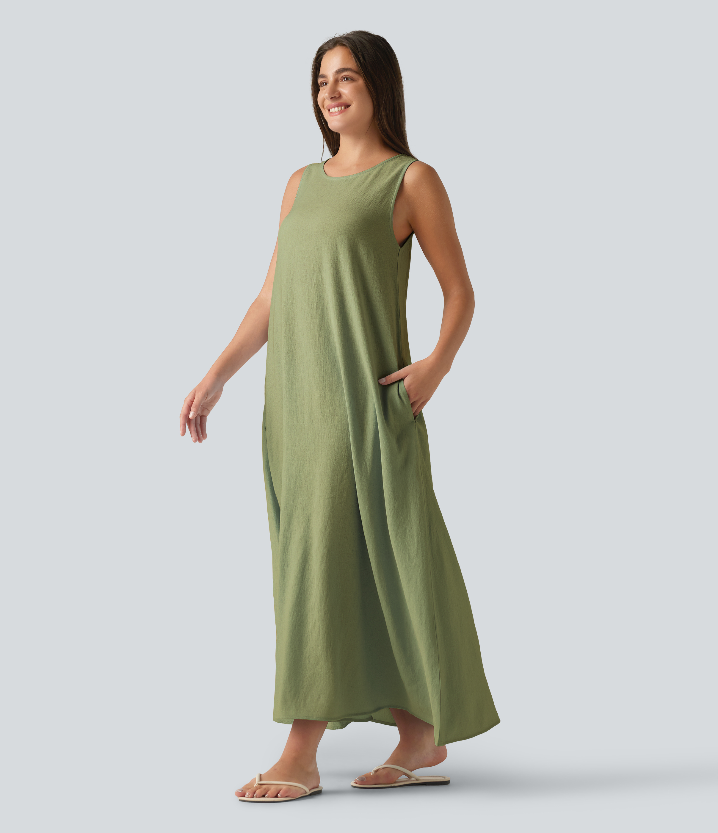 Round Neck Sleeveless Midi Plain Casual Tank Dress with Pockets
