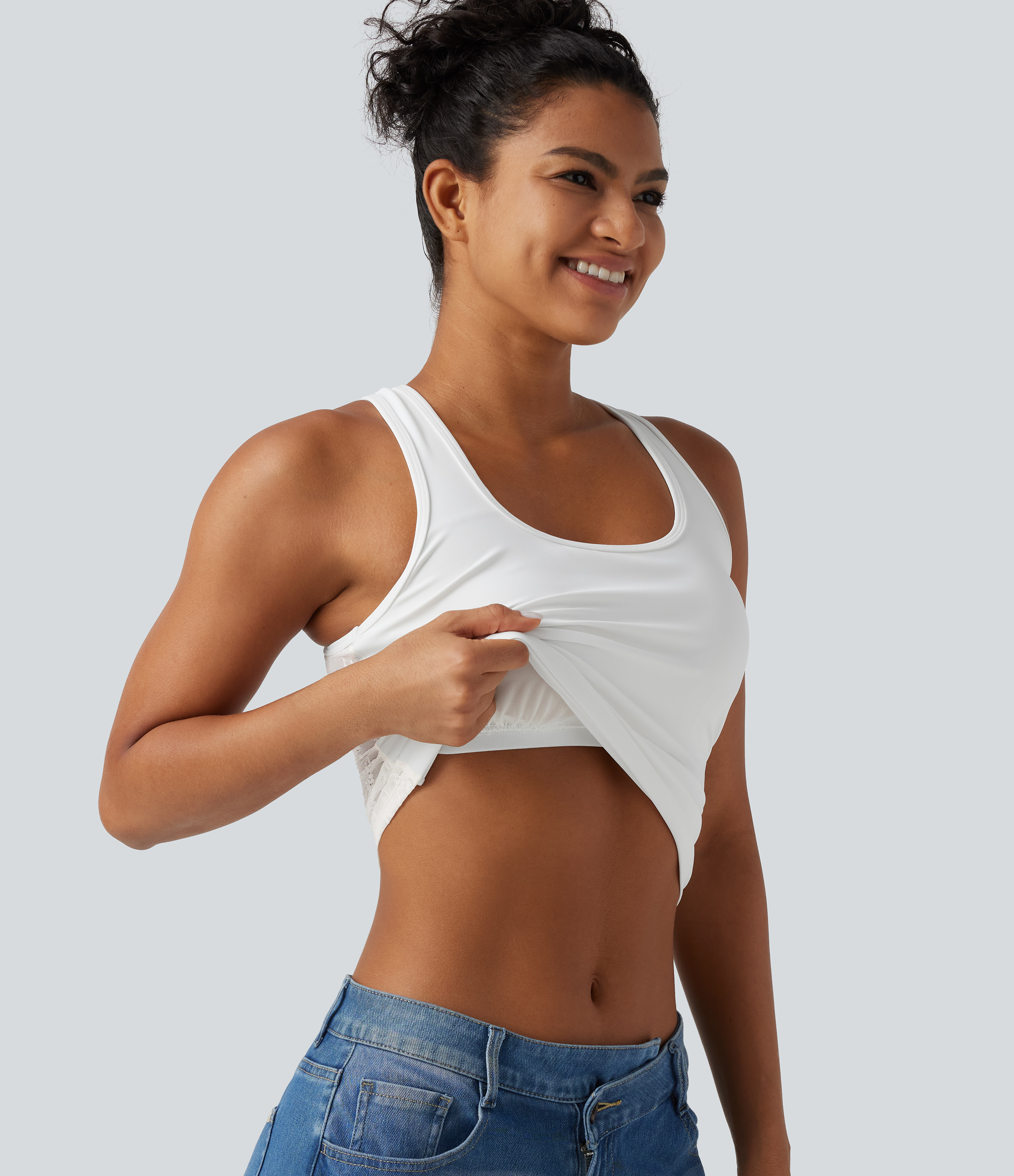 SoftlyZero™ Airy U Neck Built-in Bra Contrast Lace Cut Out InstantCool Casual Tank Top