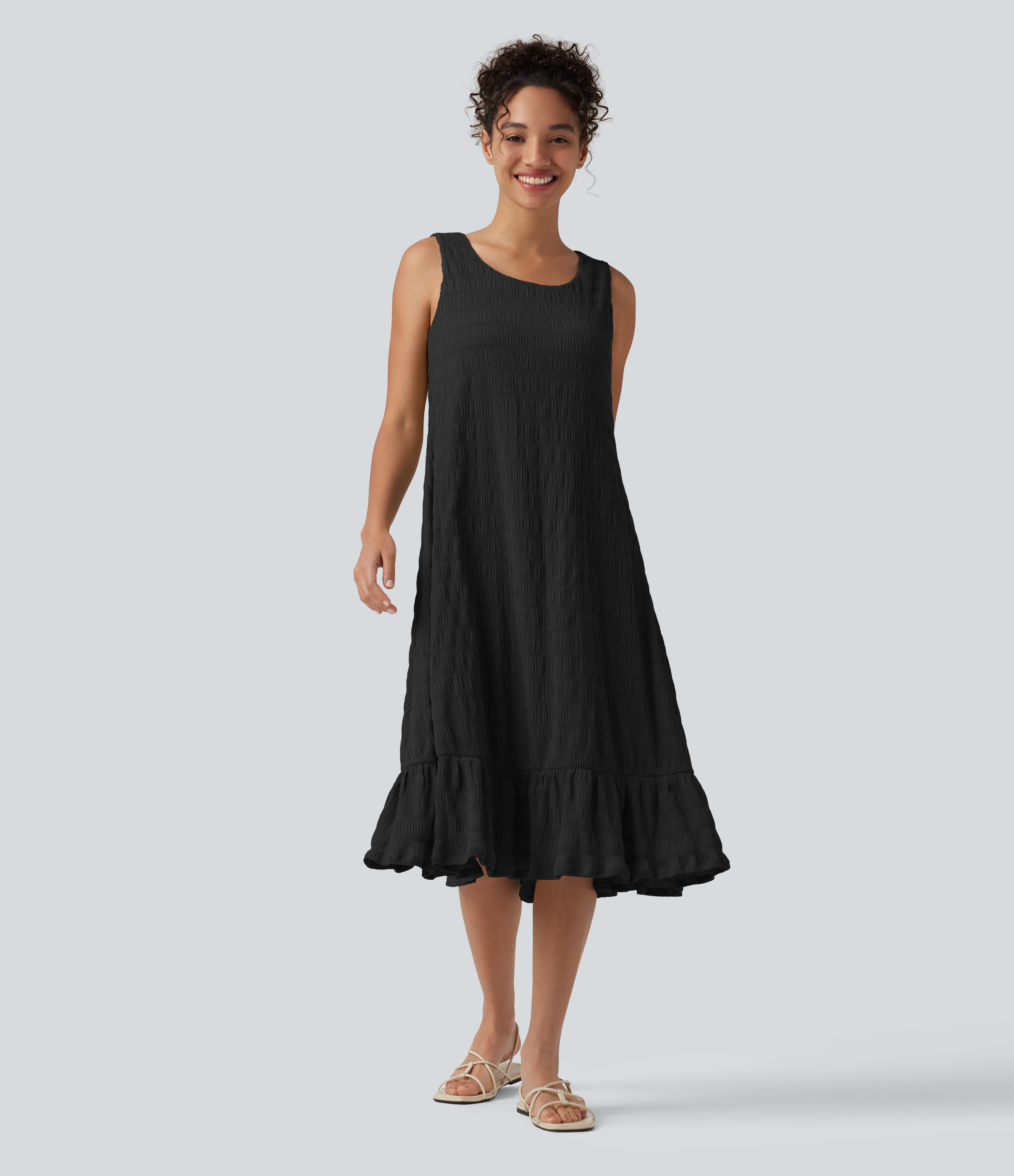 Round Neck Built-in Bra Sleeveless Ruffle Hem Midi Casual Dress