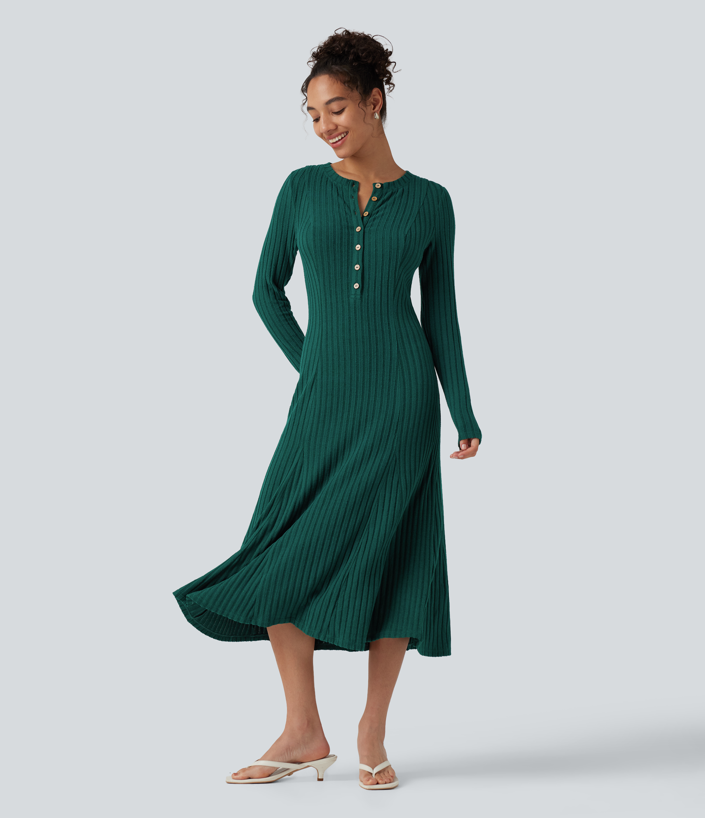 Ribbed Knit Henley Neck Long Sleeve Flowy Midi Casual Dress