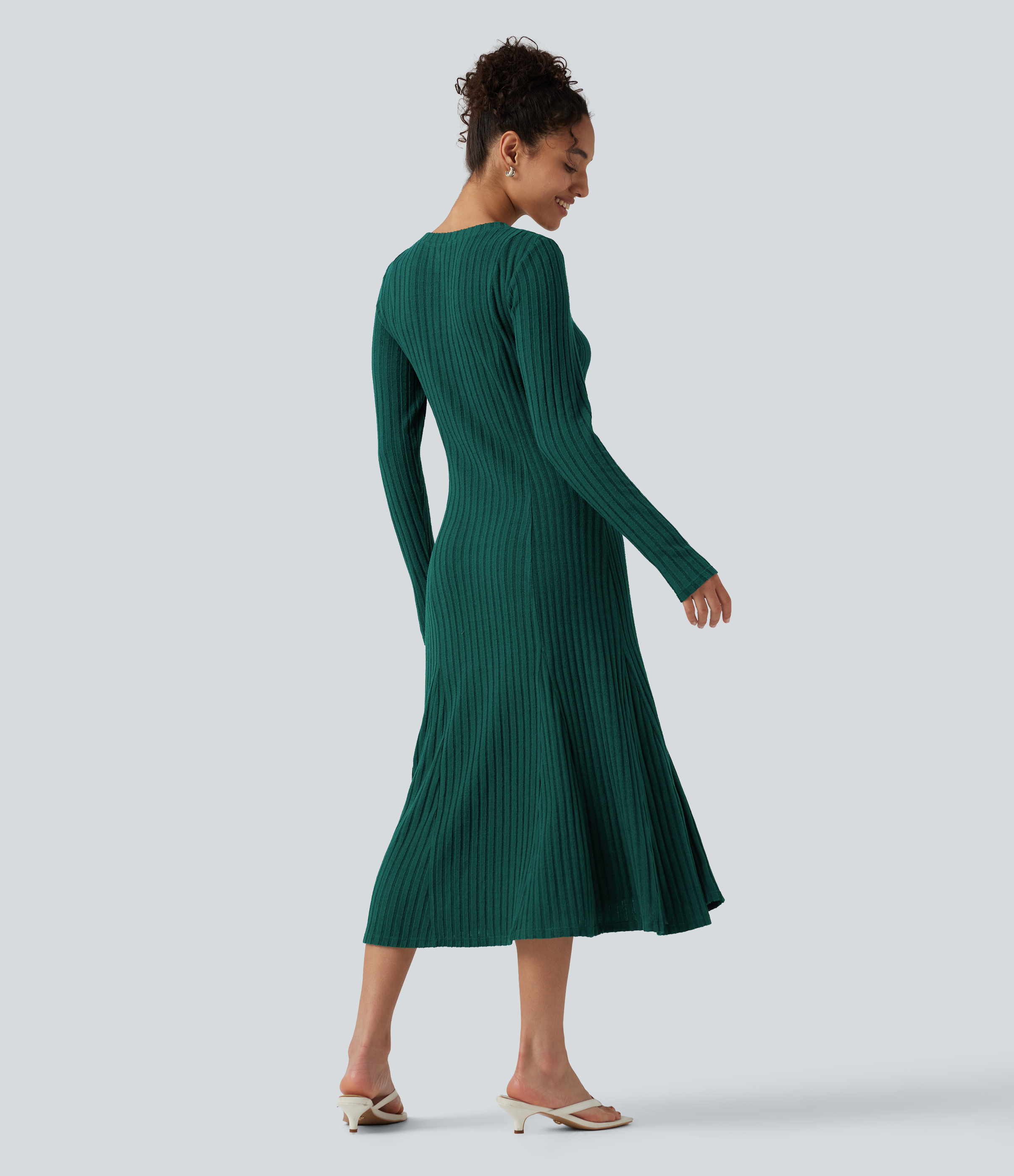 Ribbed Knit Henley Neck Long Sleeve Flowy Midi Casual Dress