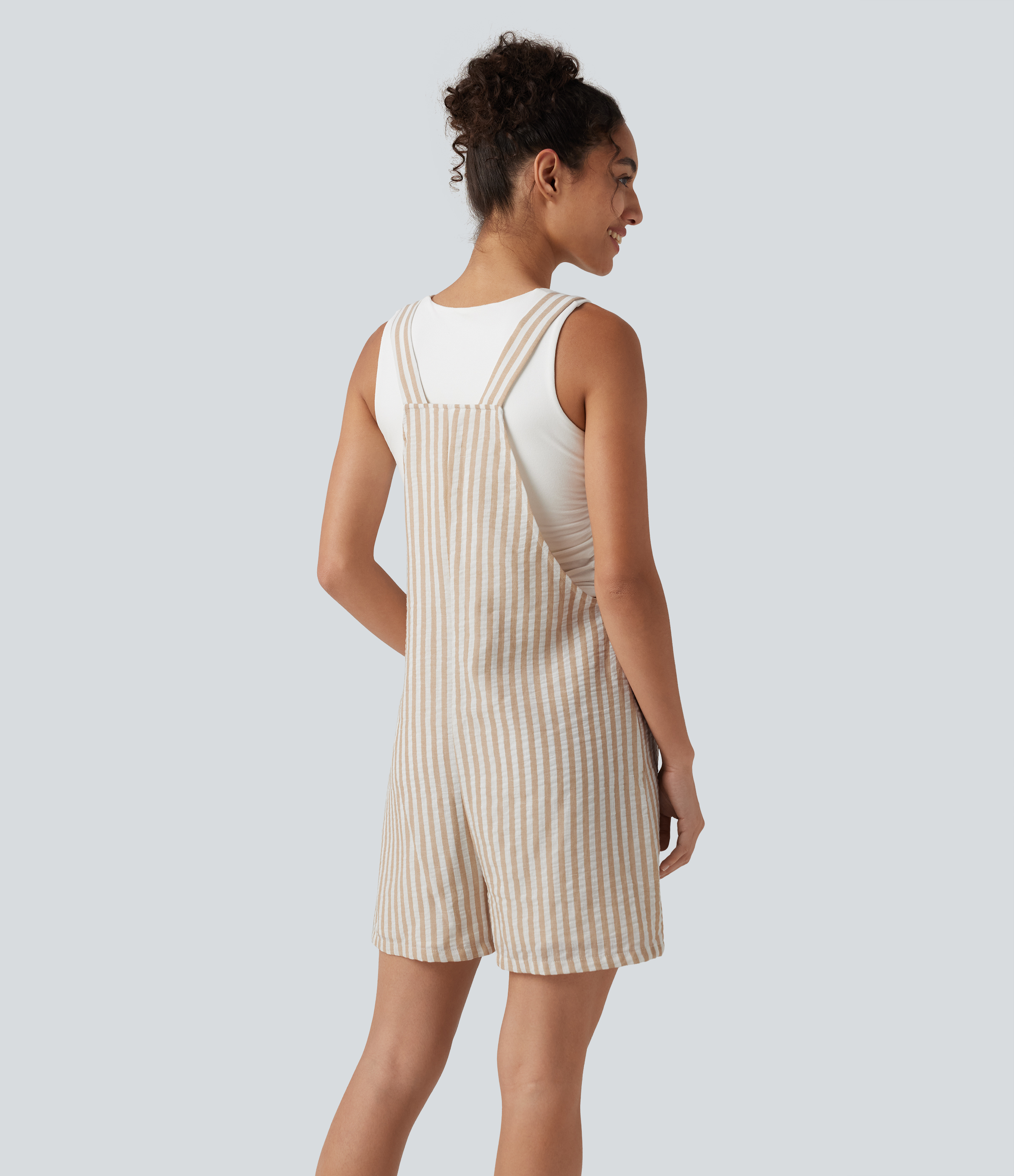 Oatline Knot Strap Stripe Casual Linen-Feel Short Dungarees with Pockets / 2