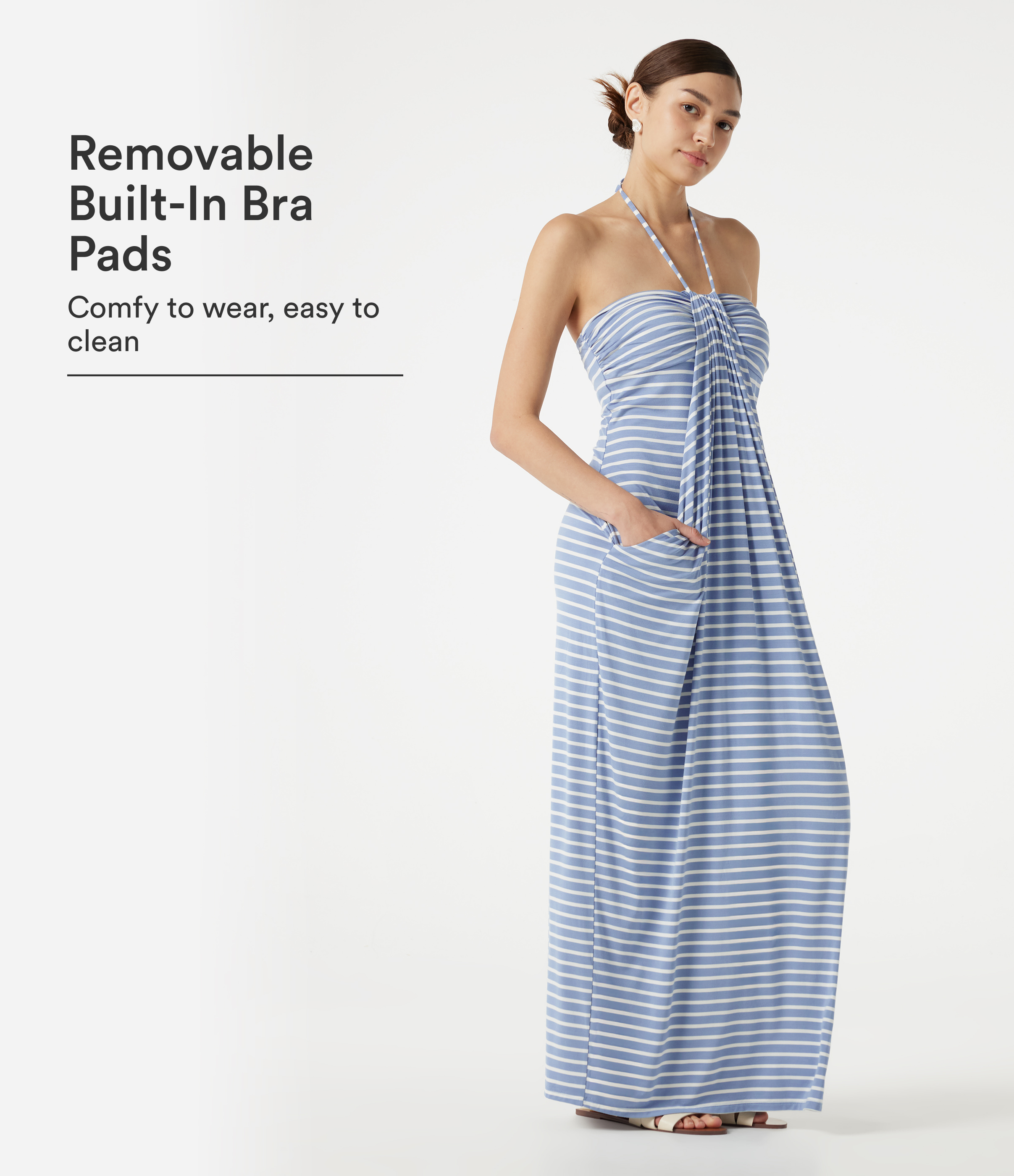 Halter Tie Back Built-in Bra Striped Maxi Resort Dress with Pockets