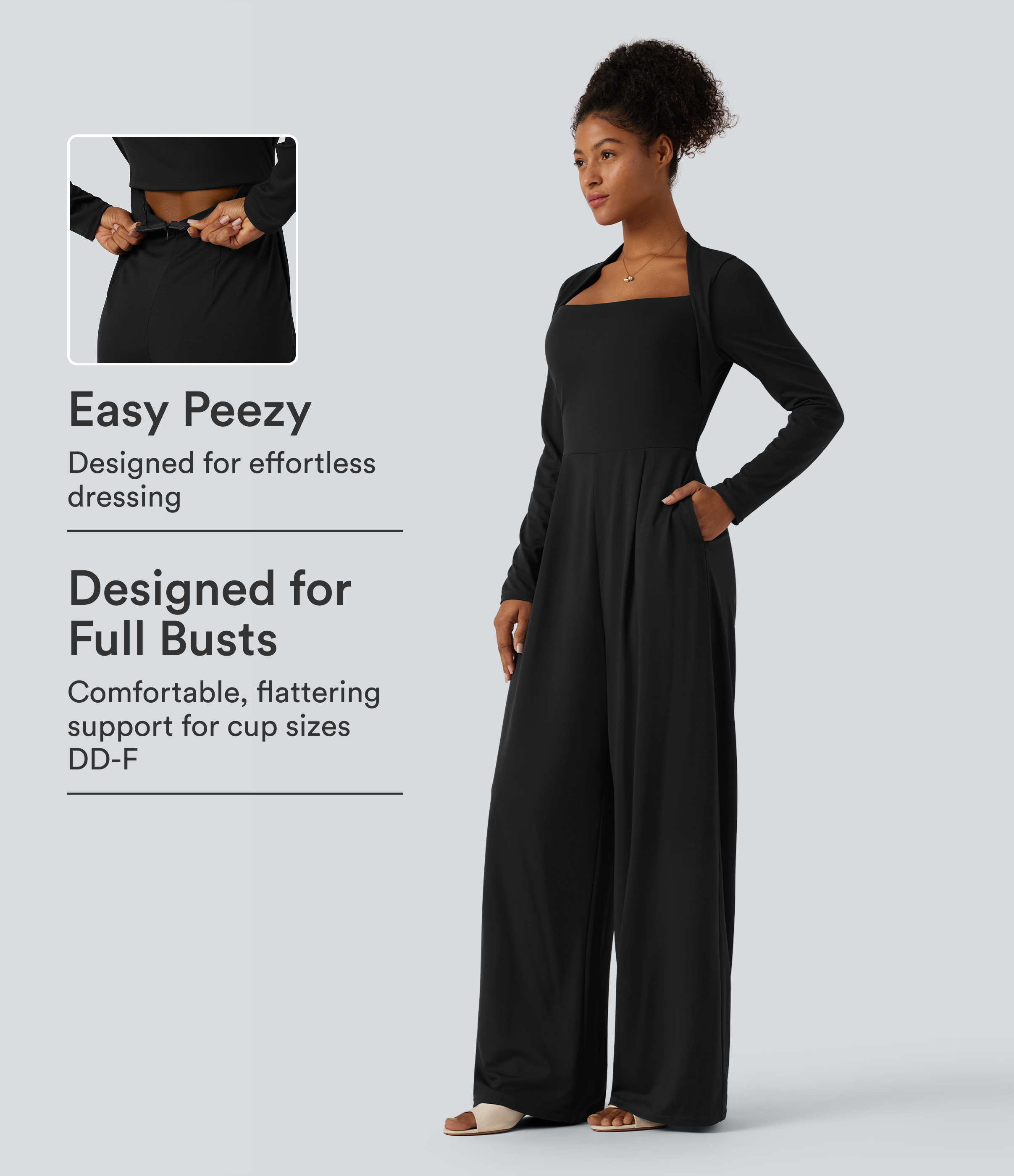 Jumpsuit mit Seitentaschen, langen Ärmeln, integriertem BH und weitem Bein - Easy Peezy Edition, DD-F Cups