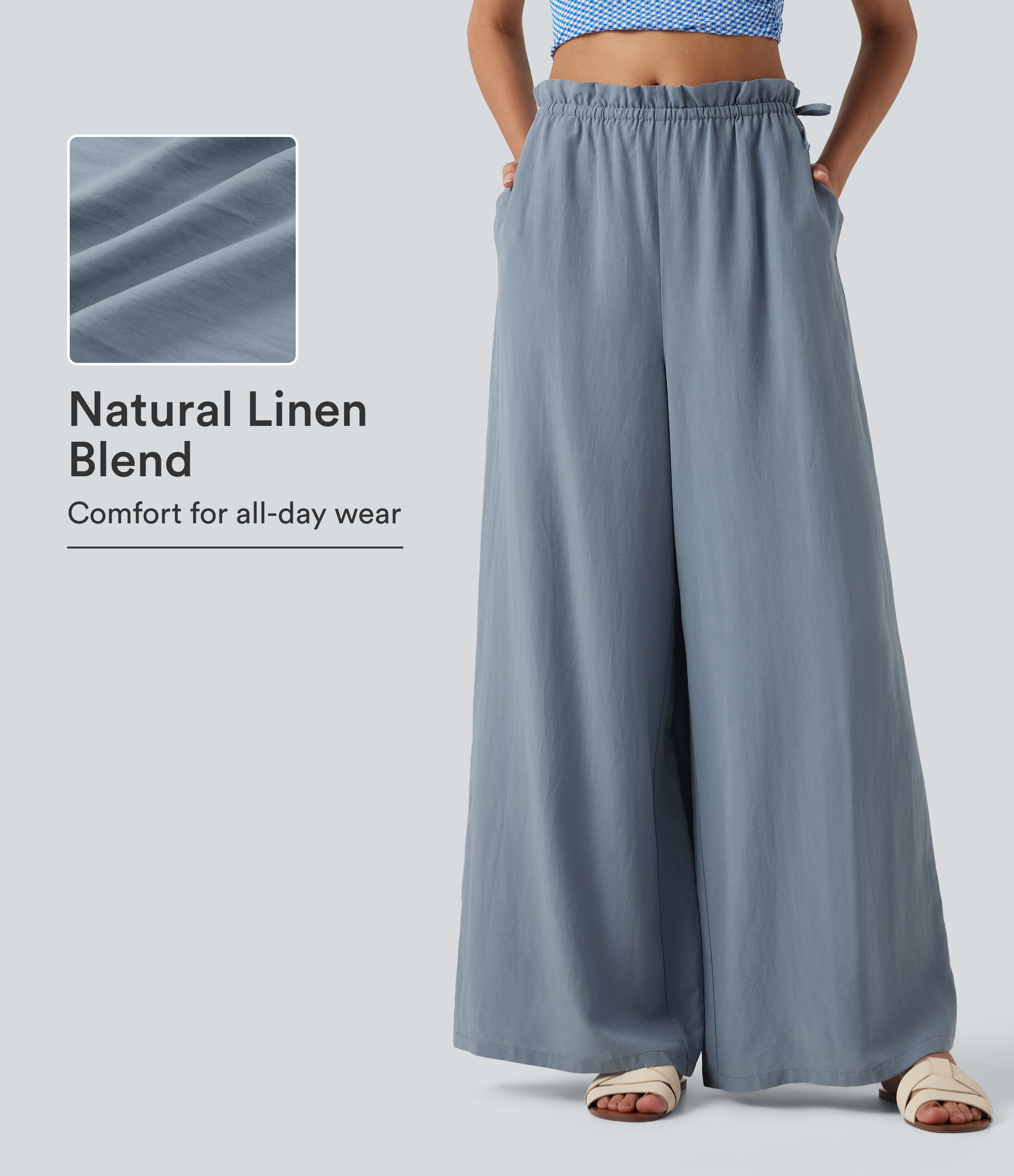 Frill Trim Mid Rise Drawstring Casual Linen-Blend Baggy Flowy Pants with Pockets