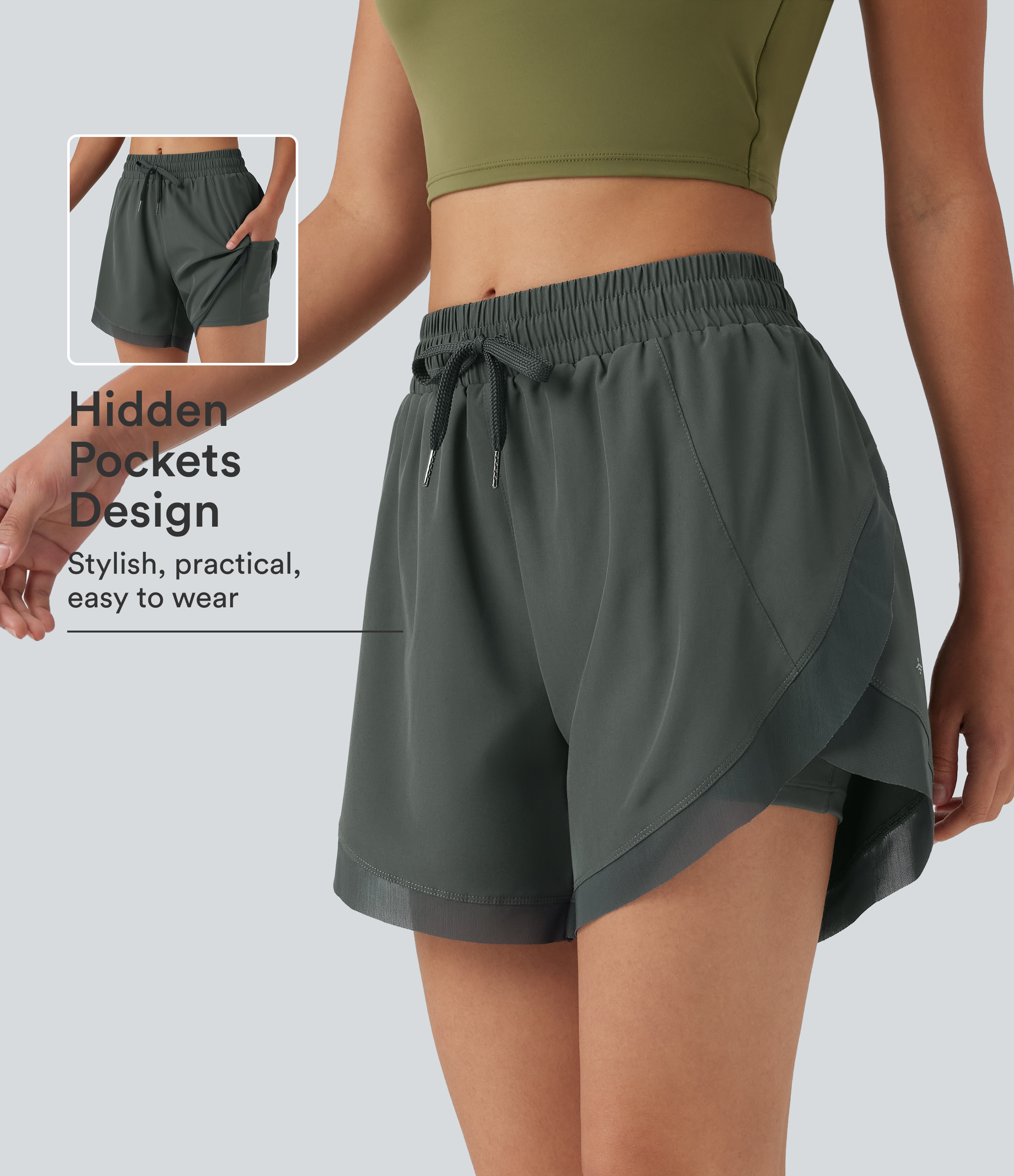 Mid Rise Drawstring Curved Hem Contrast Mesh 2-in-1 Running Shorts 5'' with Pockets