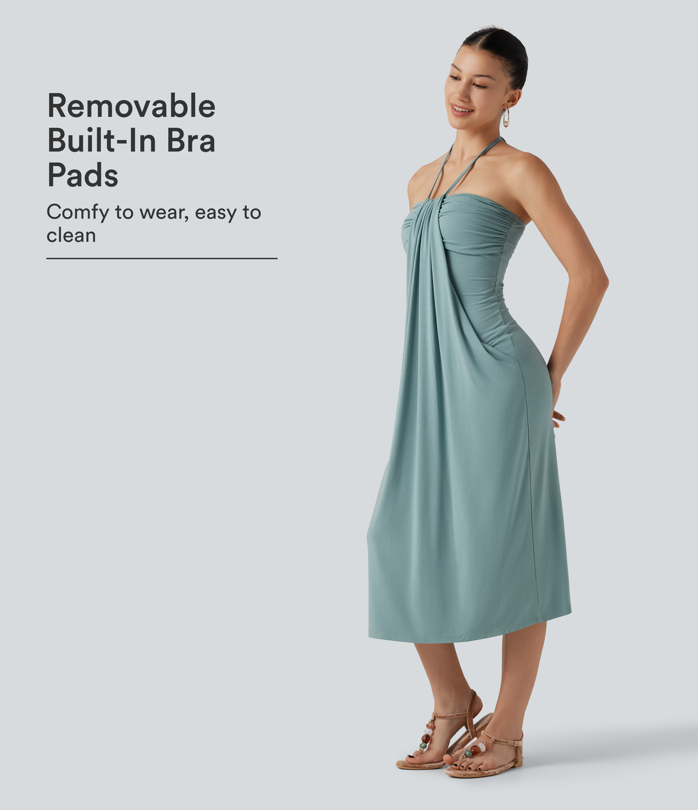 Halter Tie Back Built-in Bra Midi Resort Dress with Pockets