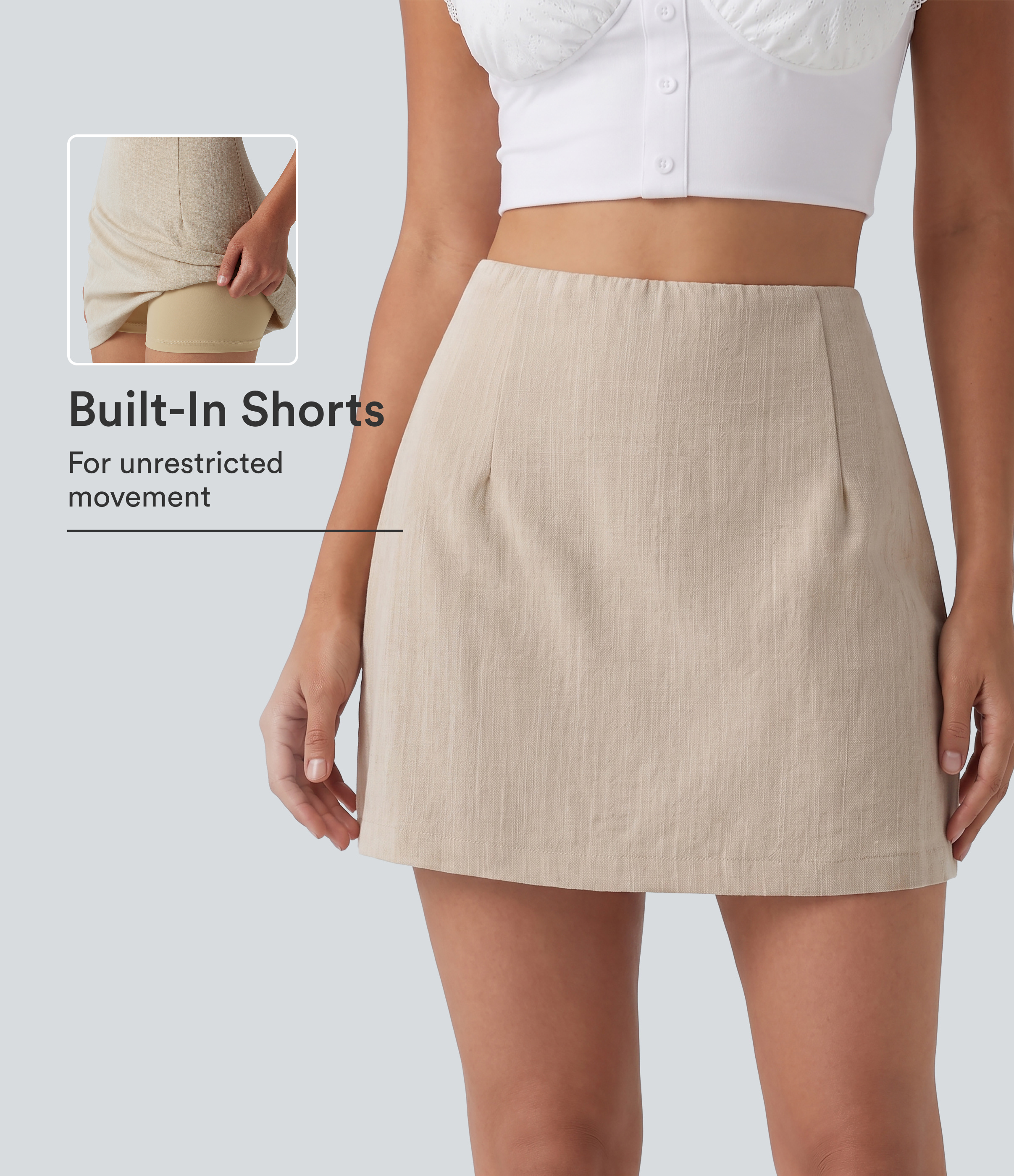 High Waisted 2-in-1 A Line Mini Casual Linen-Feel Skirt