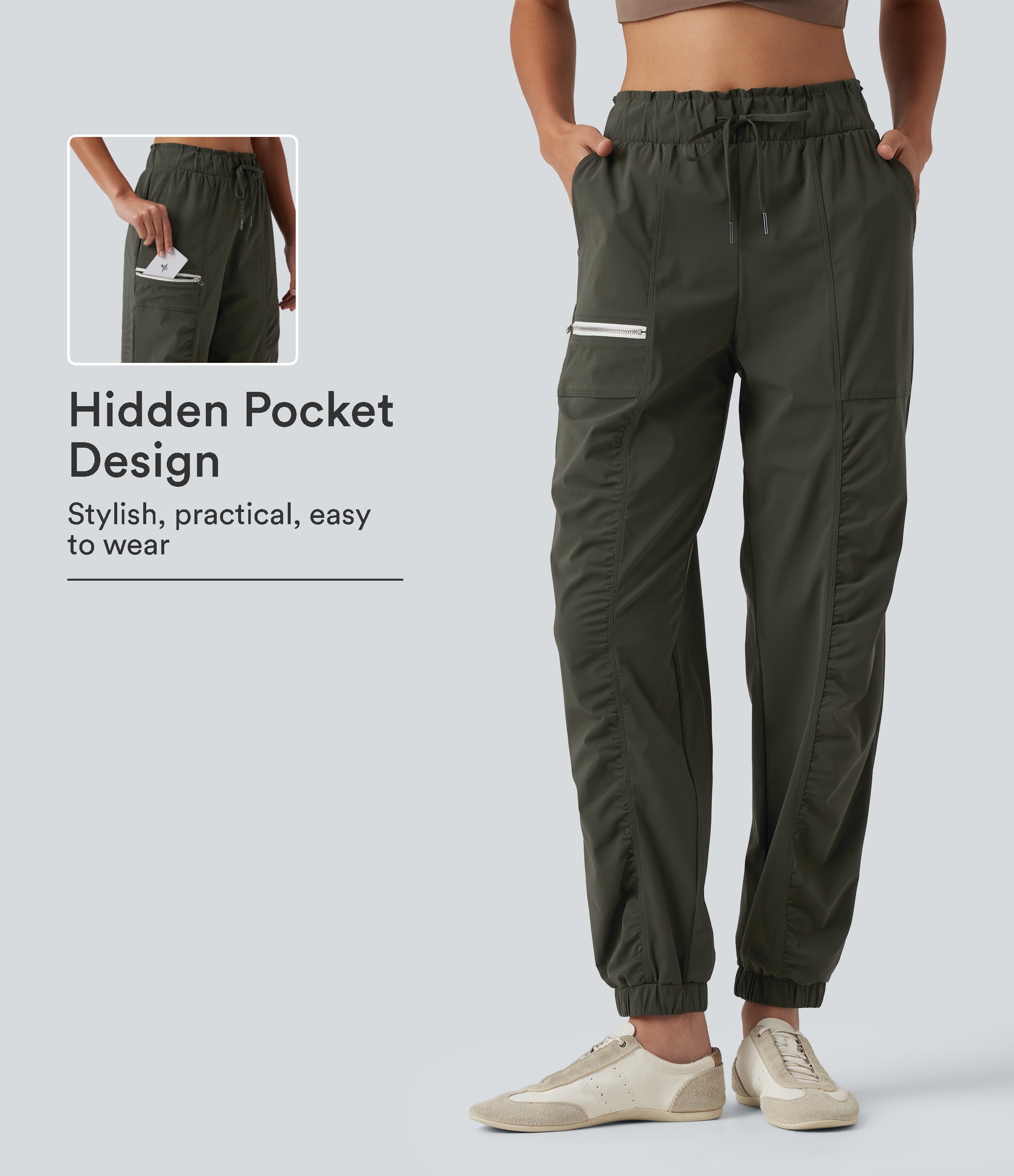 Mid Rise Drawstring Ruched Tapered Quick Dry Cool Touch Running Joggers with Pockets-UPF40+