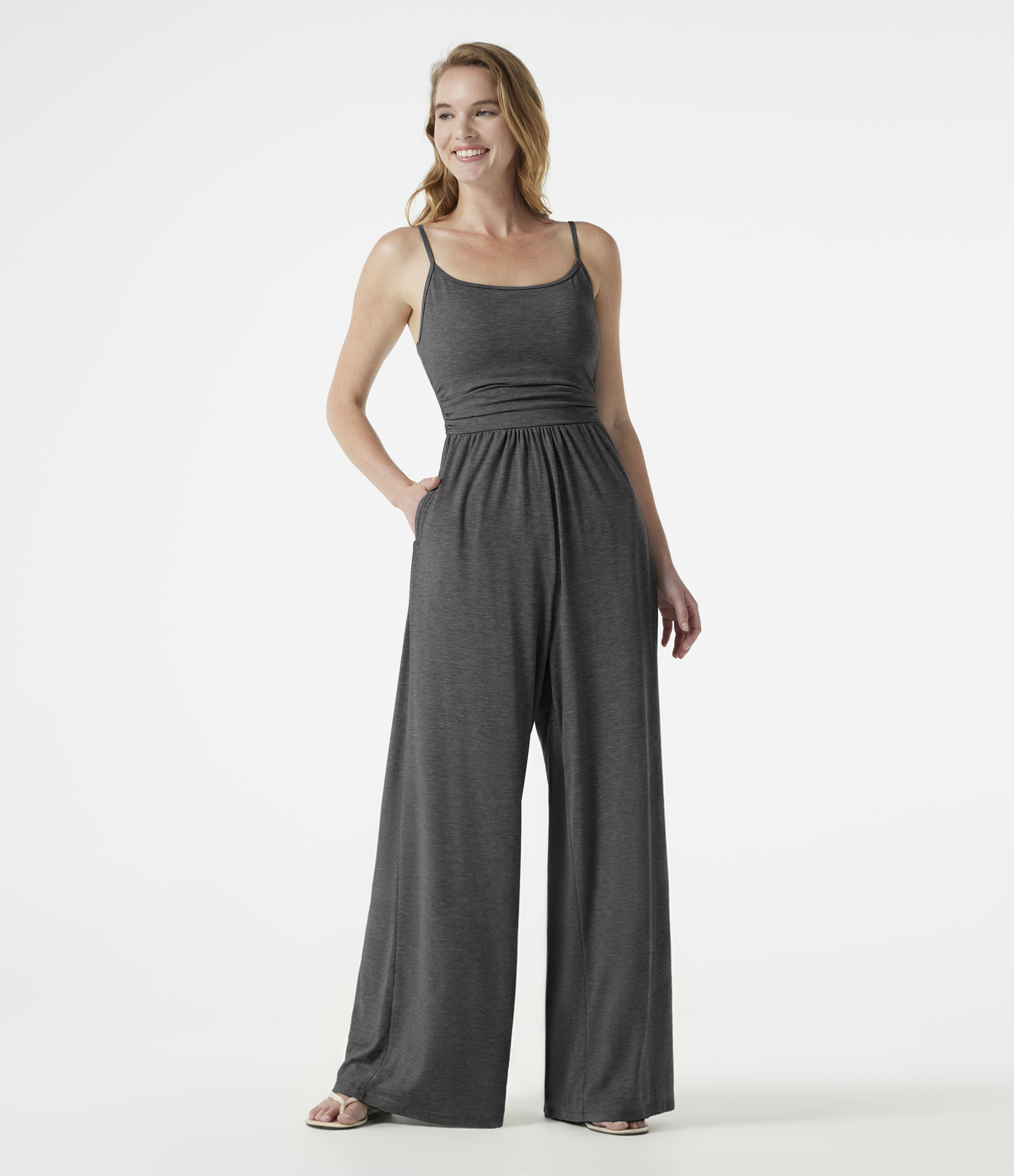 Adjustable Straps Ruched Wide Leg Heathered Casual Jumpsuit with Pockets-Easy Peezy