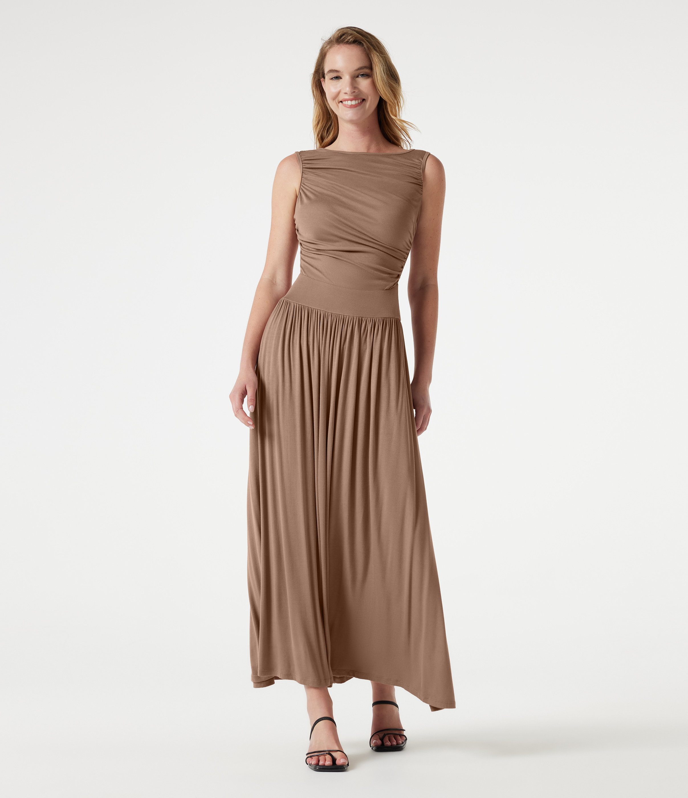 Ribbed Boat Neck Asymmetric Strap Ruched Pocket Flowy Maxi Casual Dress