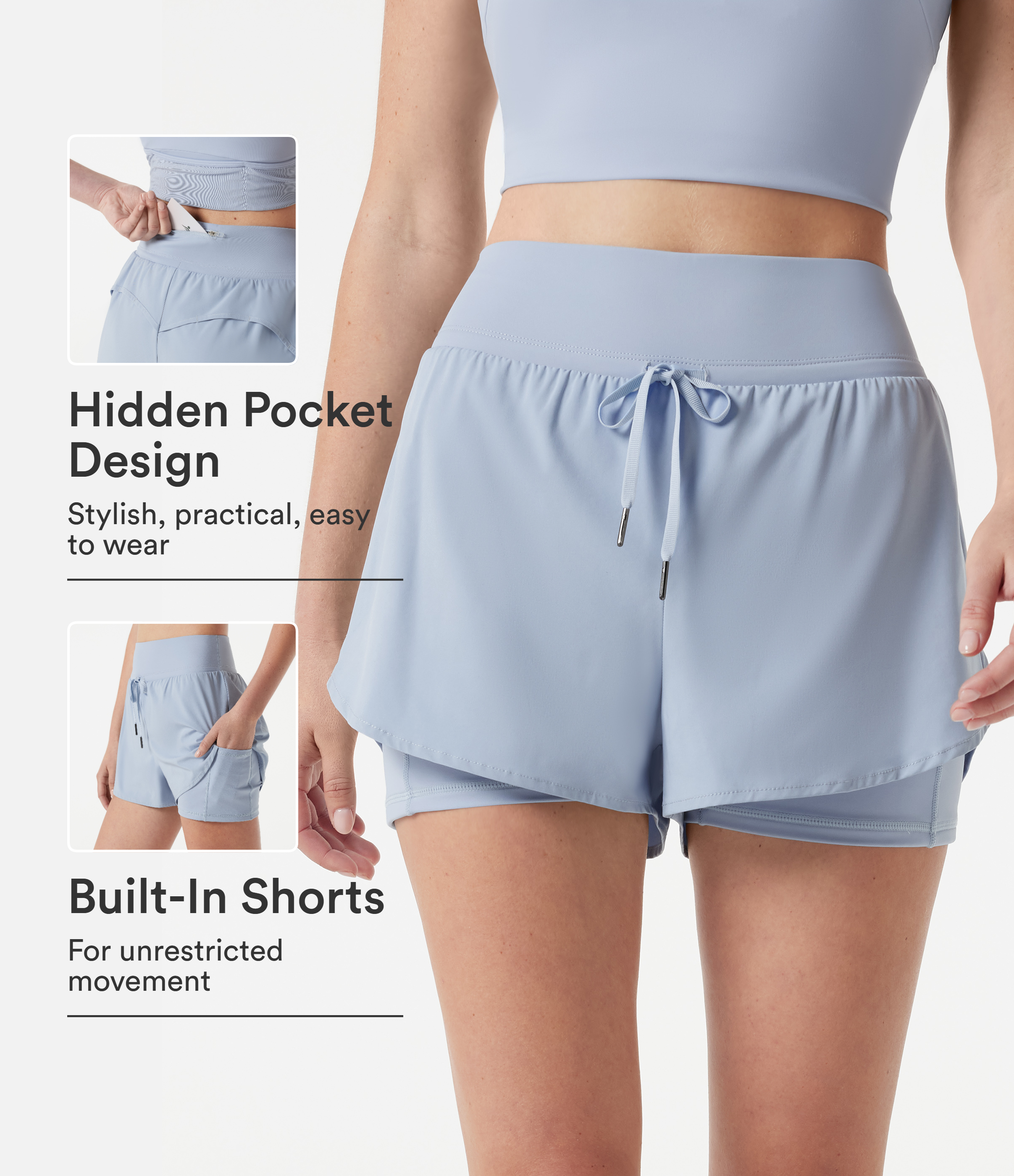 Breezeful™ High-waisted Drawstring 2-in-1 Quick Dry Workout Shorts with Pockets