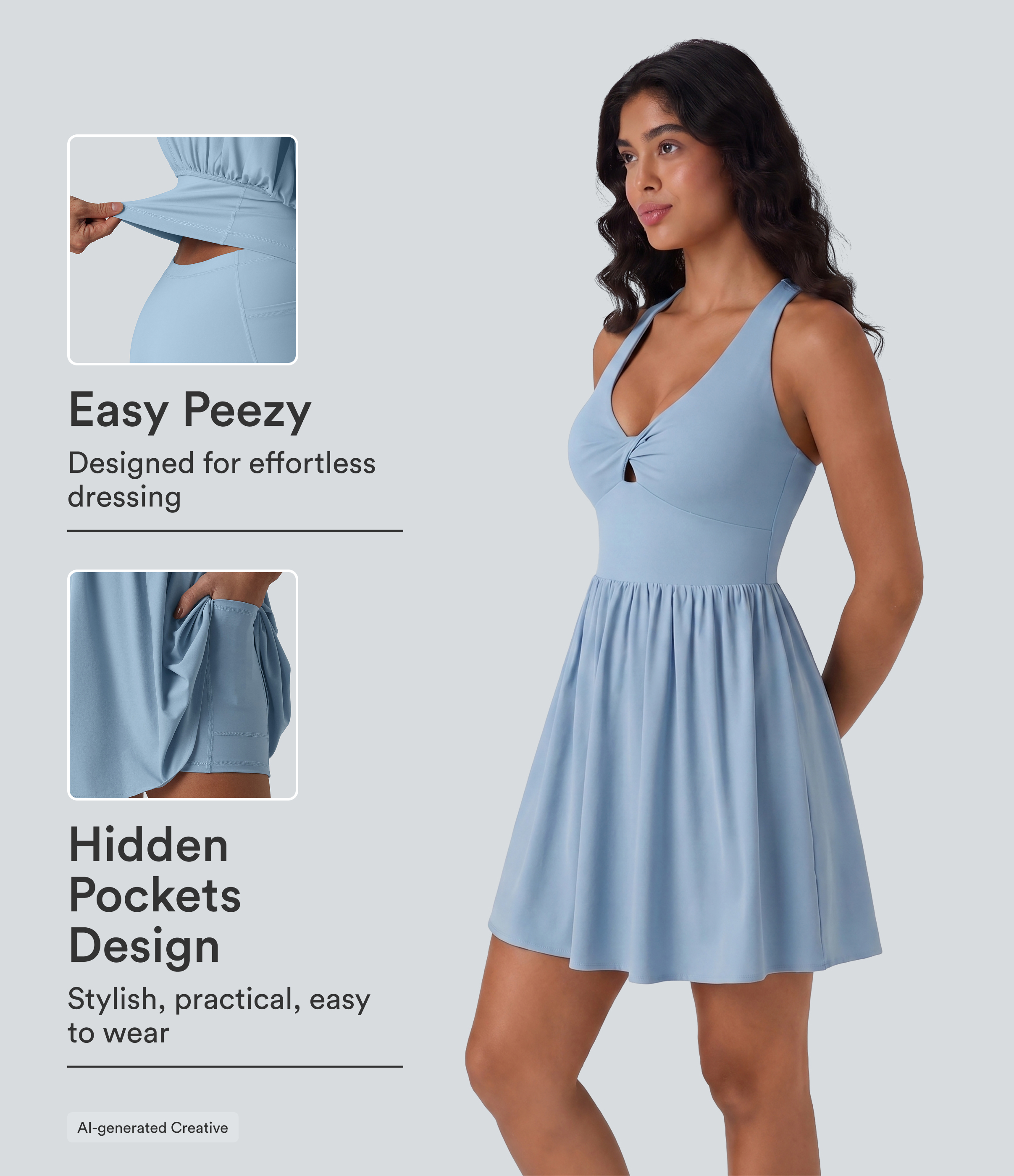 Breezeful™ V Neck Built-in Bra Racerback 2-in-1 Quick Dry Mini Tennis Active Dress with Pockets-Easy Peezy Edition