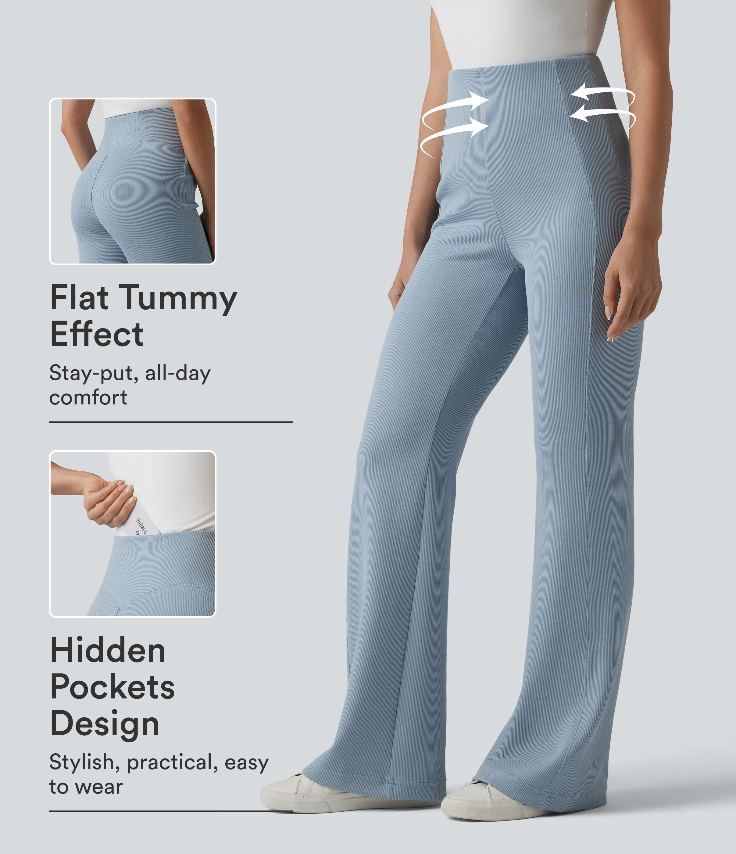SpacerTek™ Pantalones acampanados casuales de talle alto en canalé, con control del abdomen y bolsillo