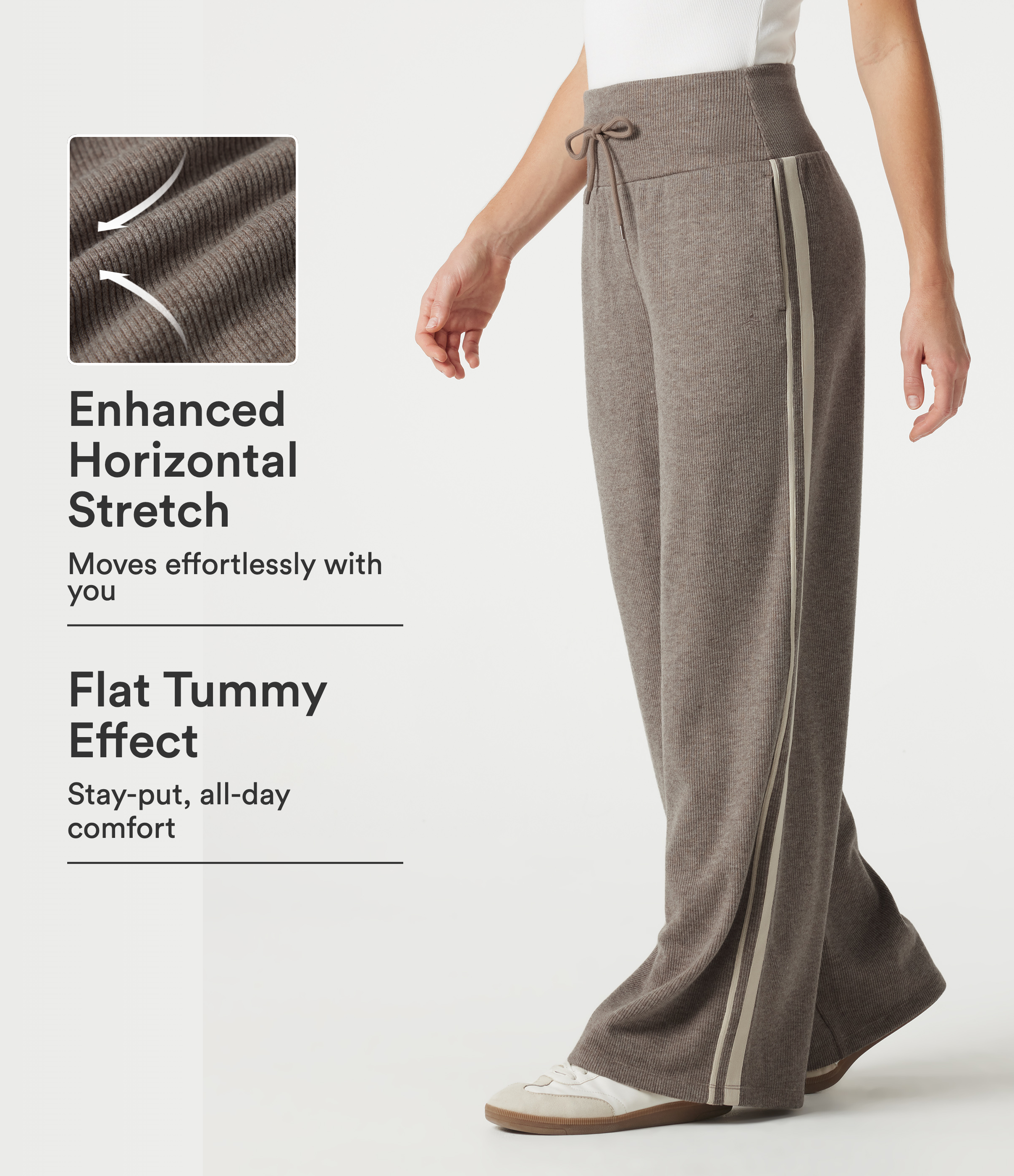 Ribbed High Waisted Tummy Control Drawstring Side Stripe Baggy Casual Pants with Pockets