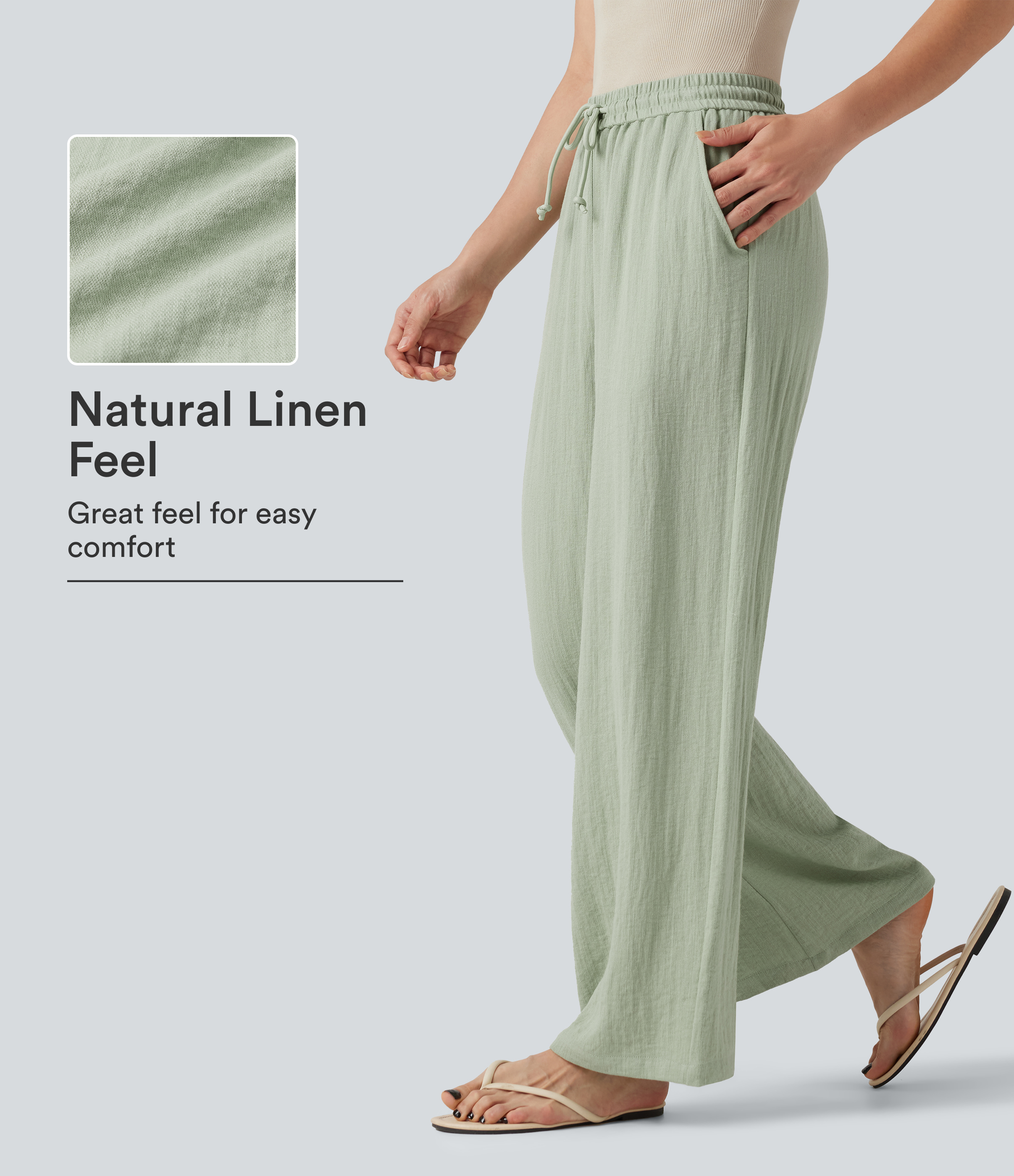 Low Rise Drawstring Wide Leg Baggy Casual Linen-Feel Pants with Pockets