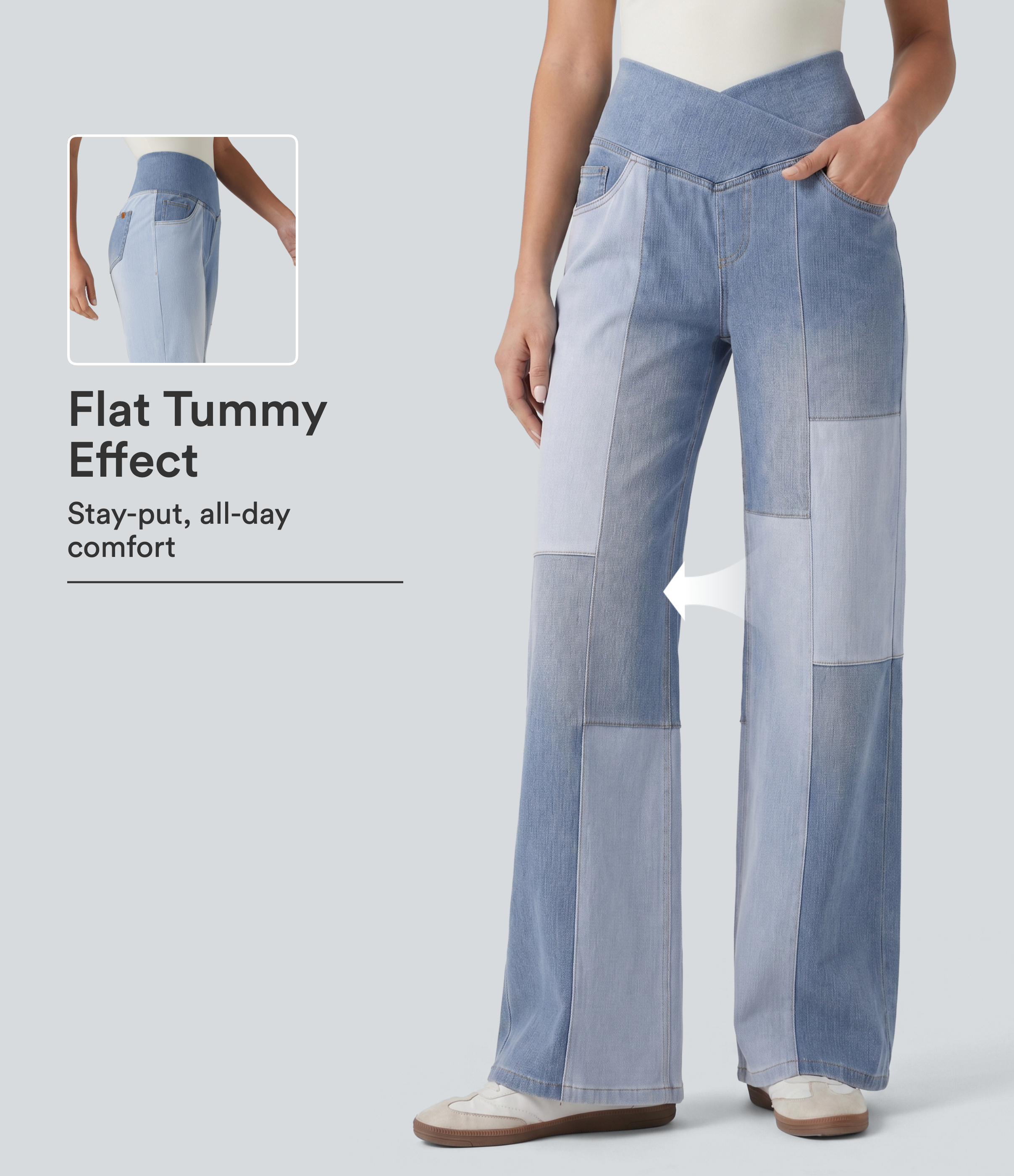 Halara Flex™ High Waisted Crossover Tummy Control Patched Bootcut Casual Jeans with Pockets