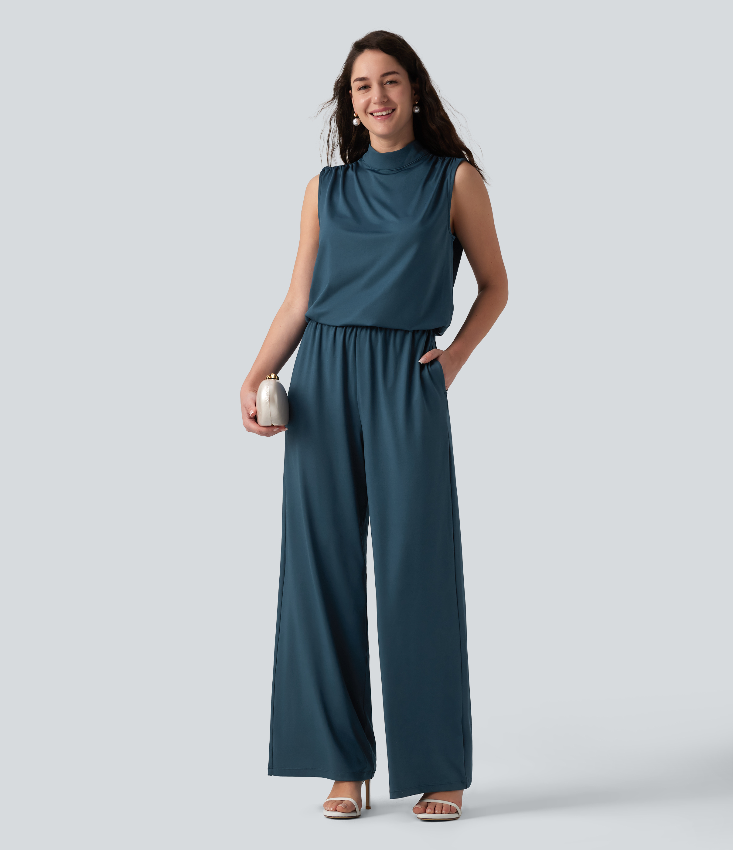 Ärmelloser Jumpsuit mit Stehkragen, Seitentaschen und geradem Bein für Brautjungfern und Hochzeitsgäste - Easy Peezy