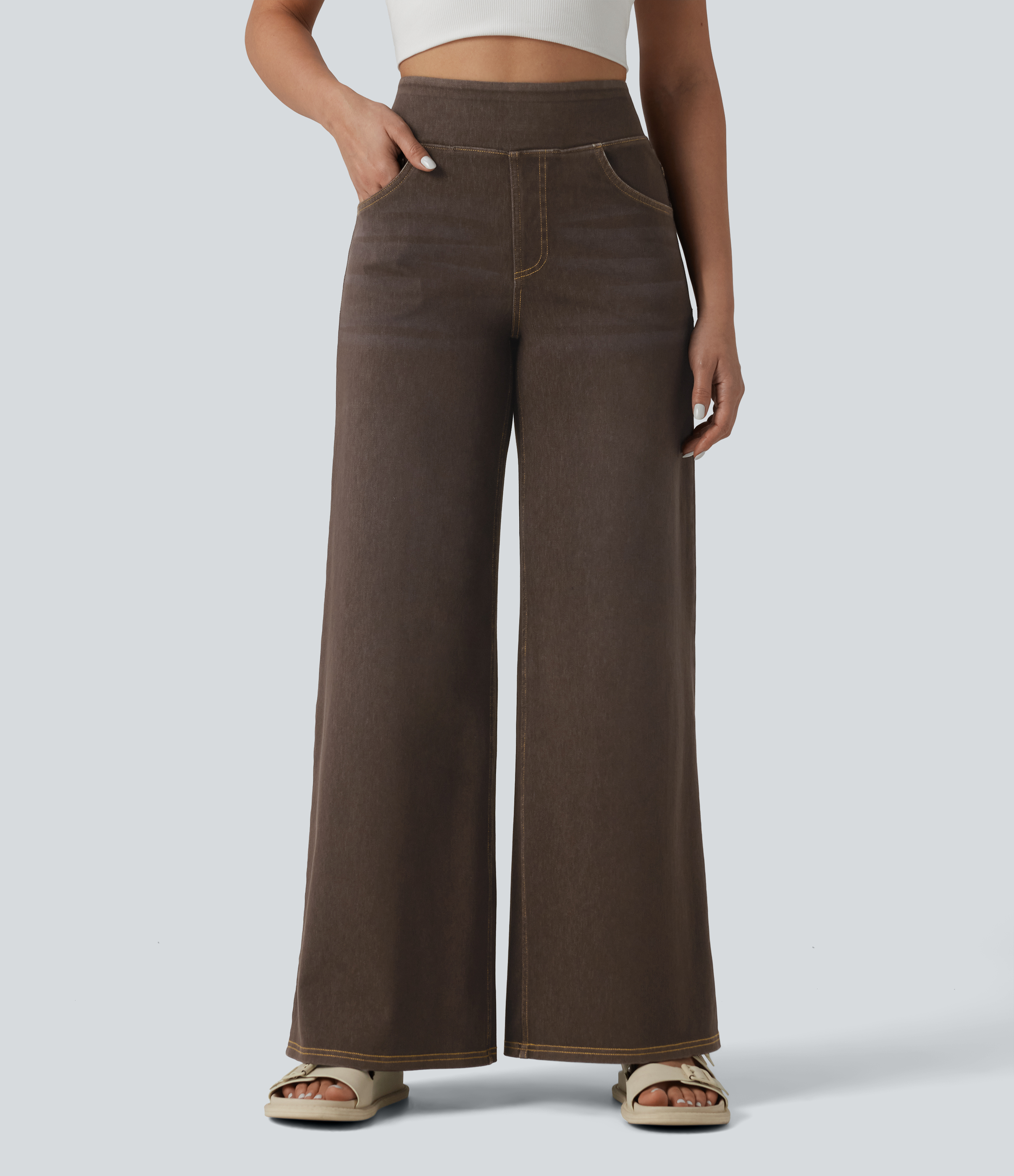 Halara Flex™ - Lässige, verwaschene Jeans mit hohem Bund, mehreren Taschen und weitem Bein