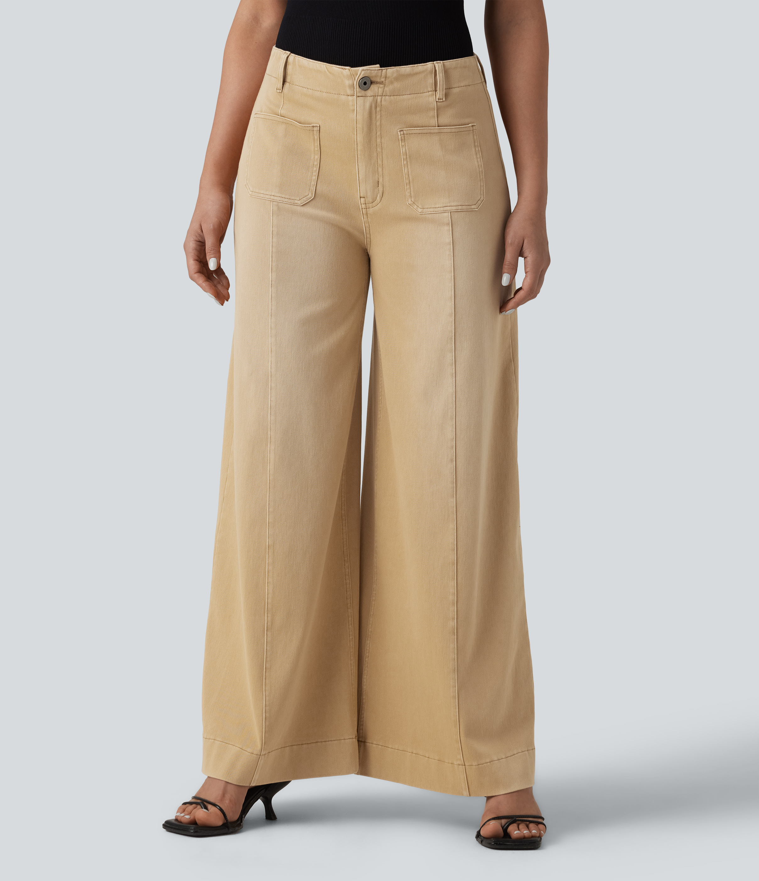Shoal Beige Camel Halara Flex™ High Waisted Colorful Casual Wide Leg Jeans with Pockets / 1
