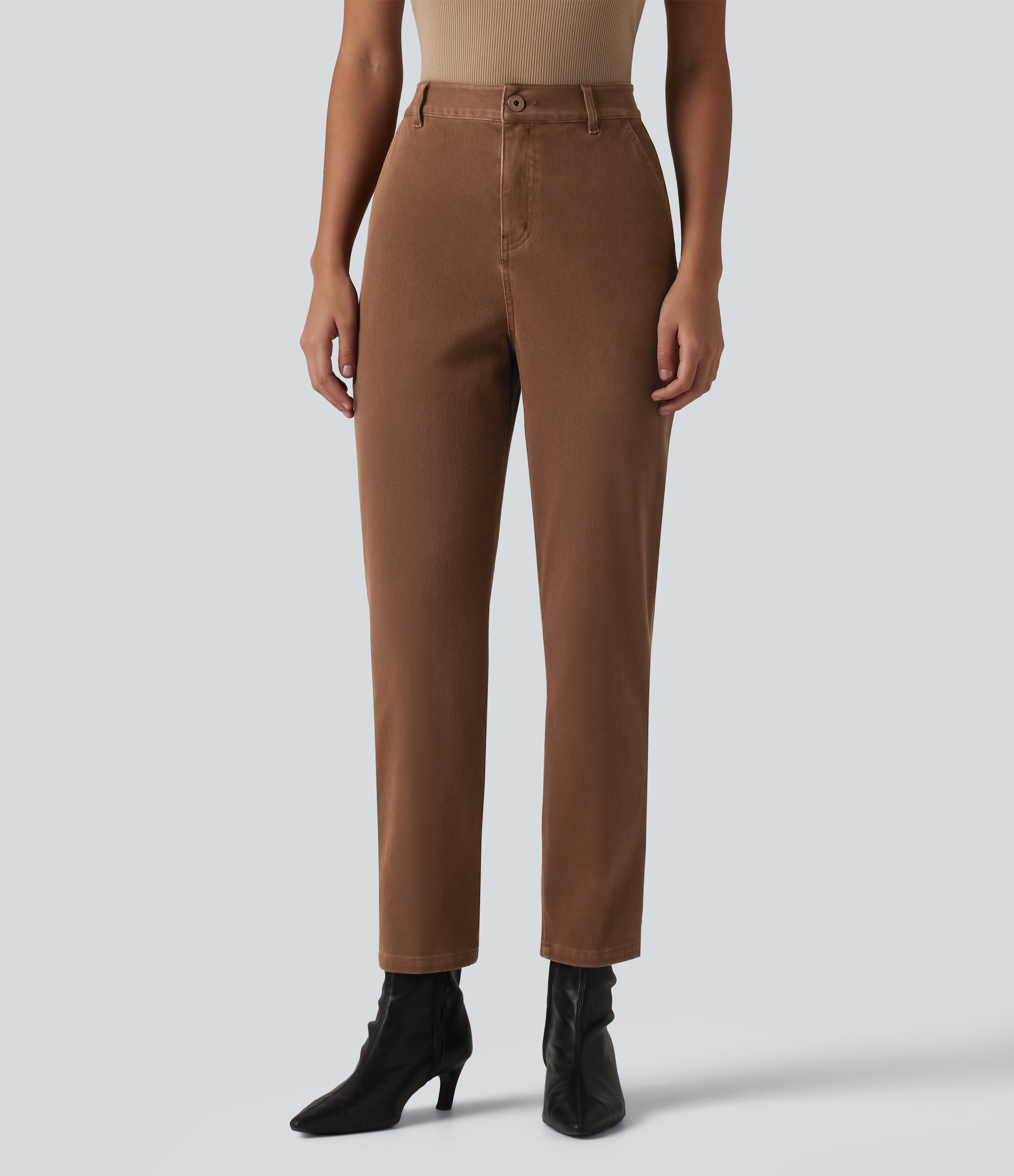 Cliffside Brown Halara Flex™ hochgeschnittene, schmal zulaufende Arbeitsjeans mit Taschen / 1