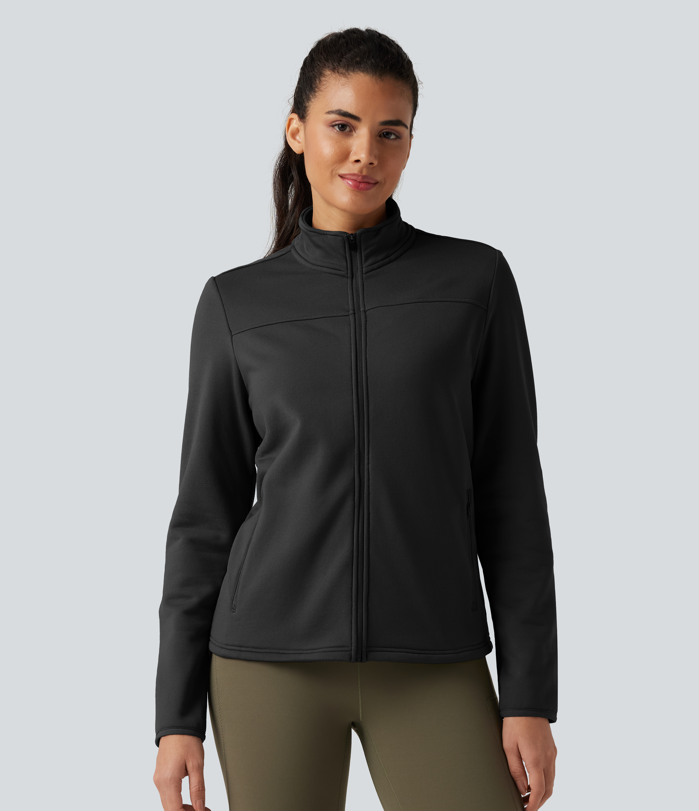 Stand Collar Long Sleeve Zip Fly Fleece Hiking Jacket with Pockets