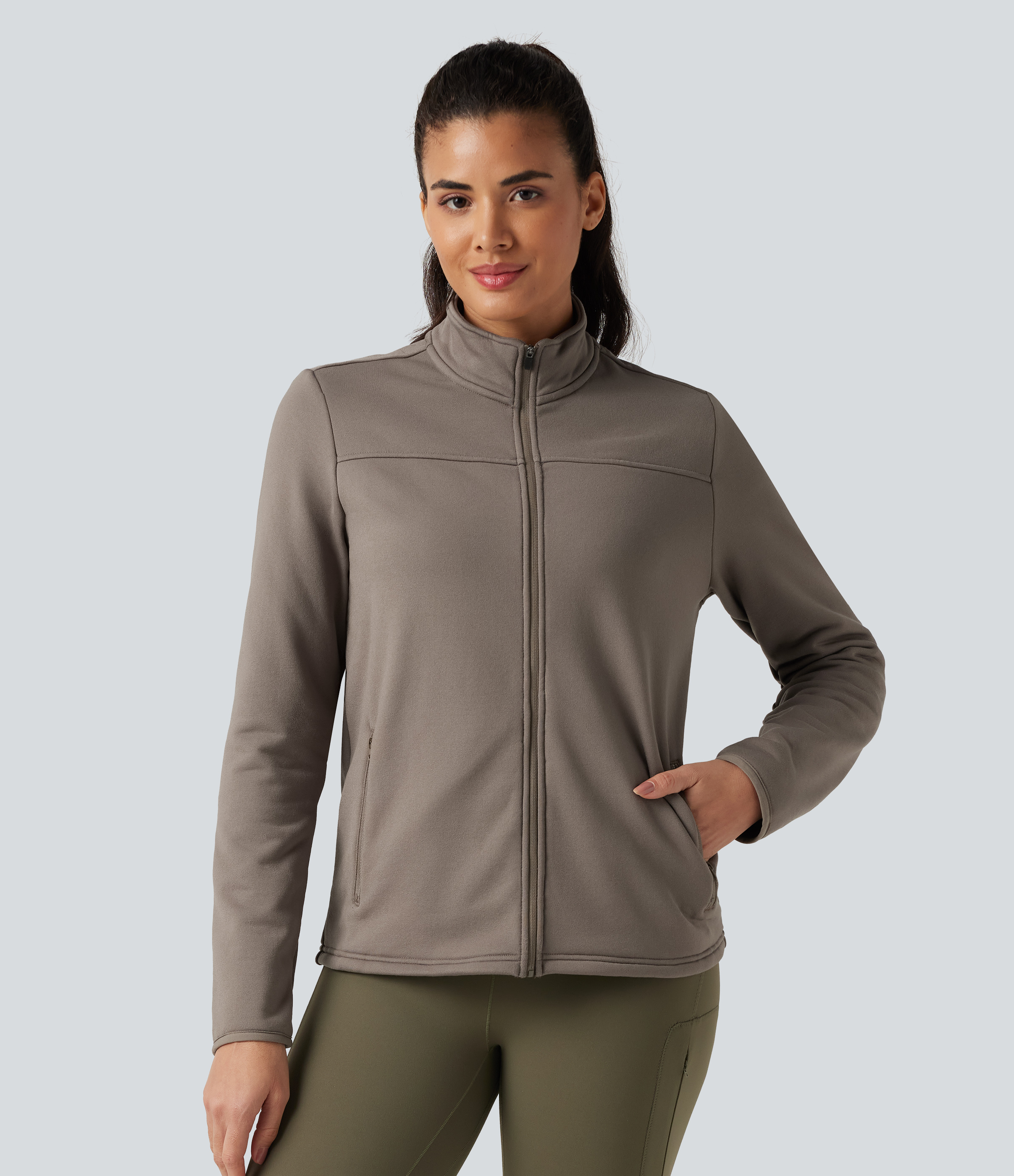 Stand Collar Long Sleeve Zip Fly Fleece Hiking Jacket with Pockets