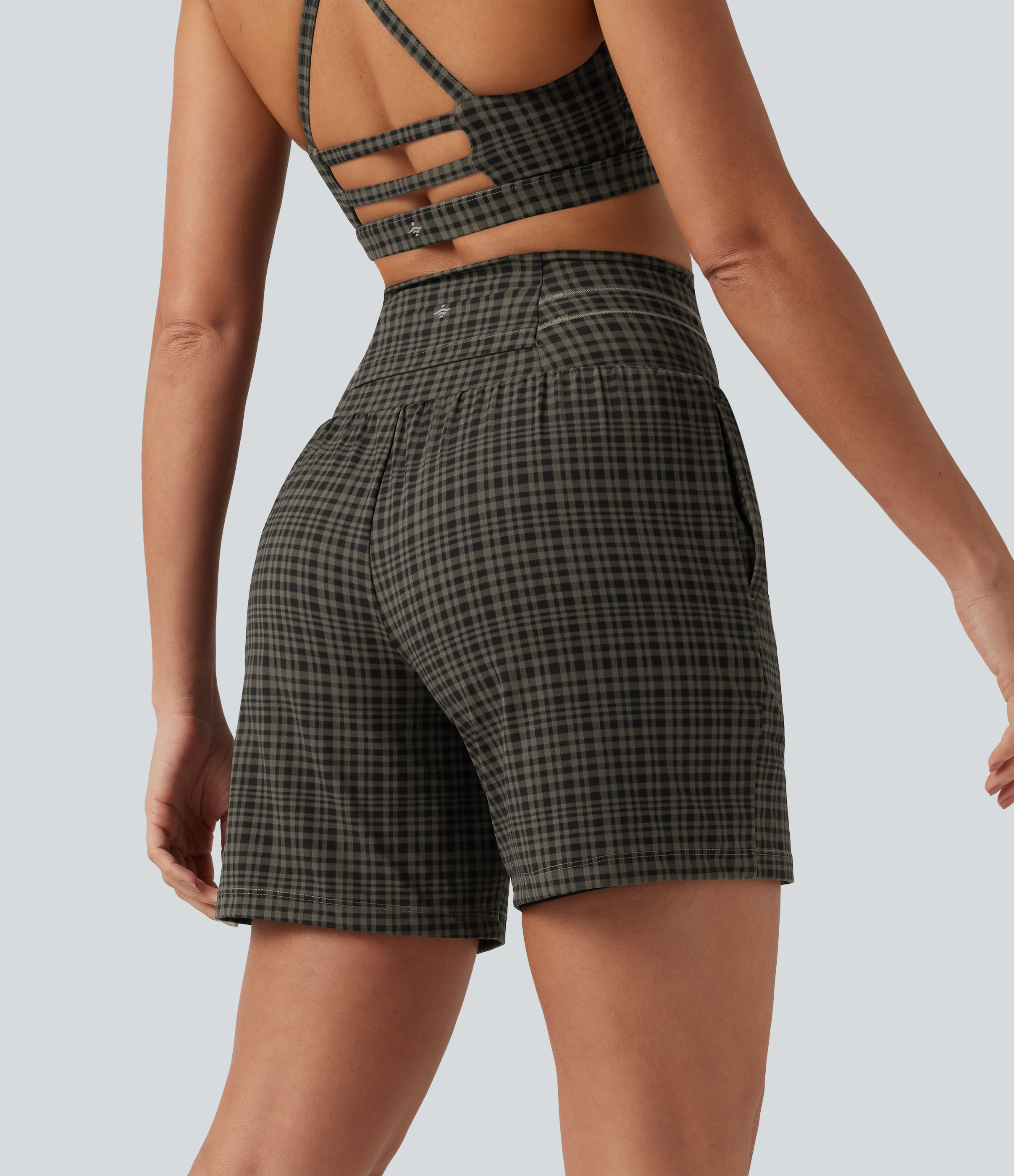Sandstone Check Plaid Halara UltraSculpt™ mit Karo-Muster - 2-in-1 Yoga-Shorts mit ultrahohem Bund, Kordelzug und Taschen, 7" / 2