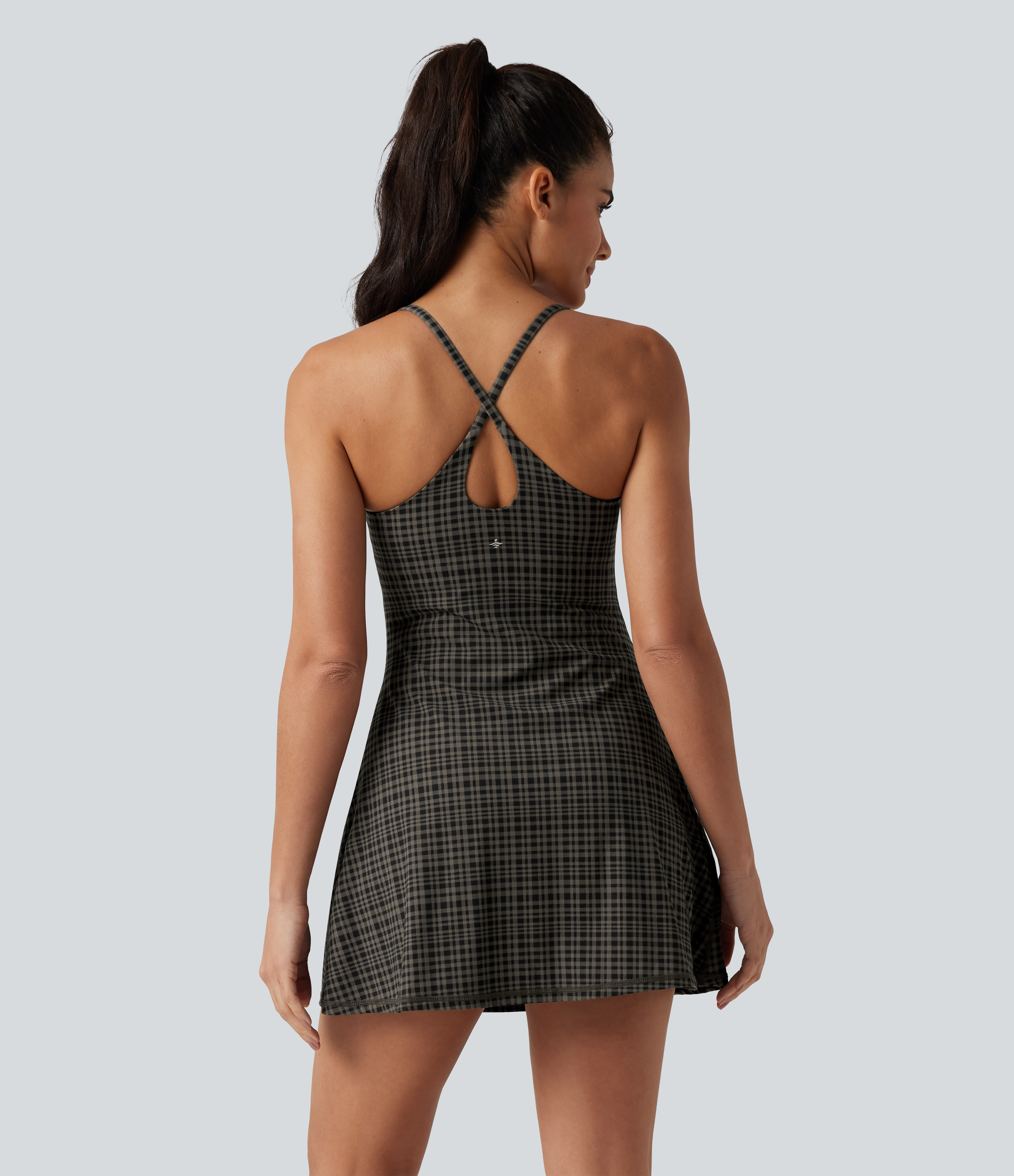 Sandstone Check Plaid Halara UltraSculpt™ Geruit 2-in-1 mini-dans- en sportjurkje met ingebouwde bh en zakken - Easy Peezy-editie / 2