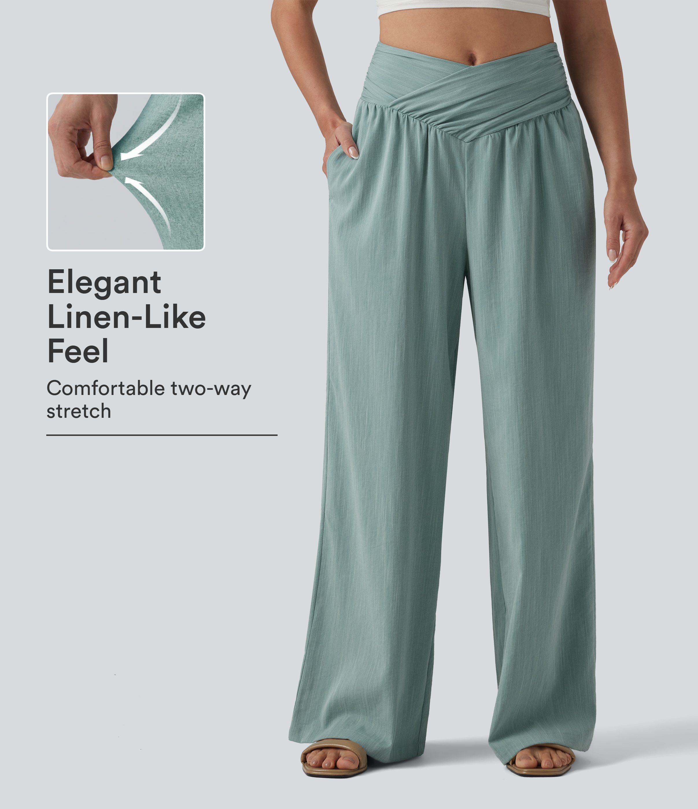 Crossover High-waisted Ruched Casual Linen-Feel Baggy Pants with Pockets