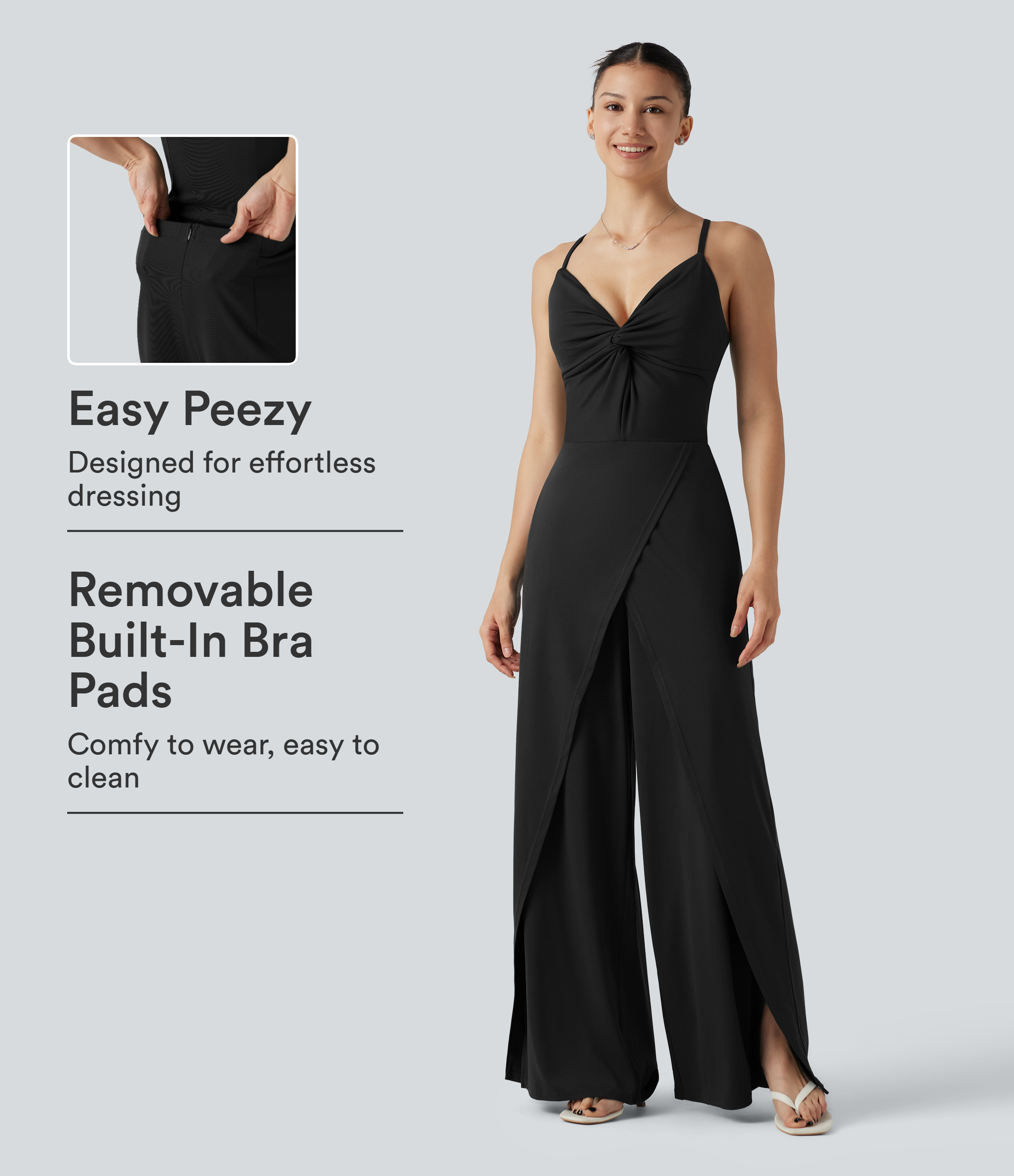 Wrap Split Hem Built-in Bra Casual Slip Baggy Jumpsuit with Pockets-Easy Peezy