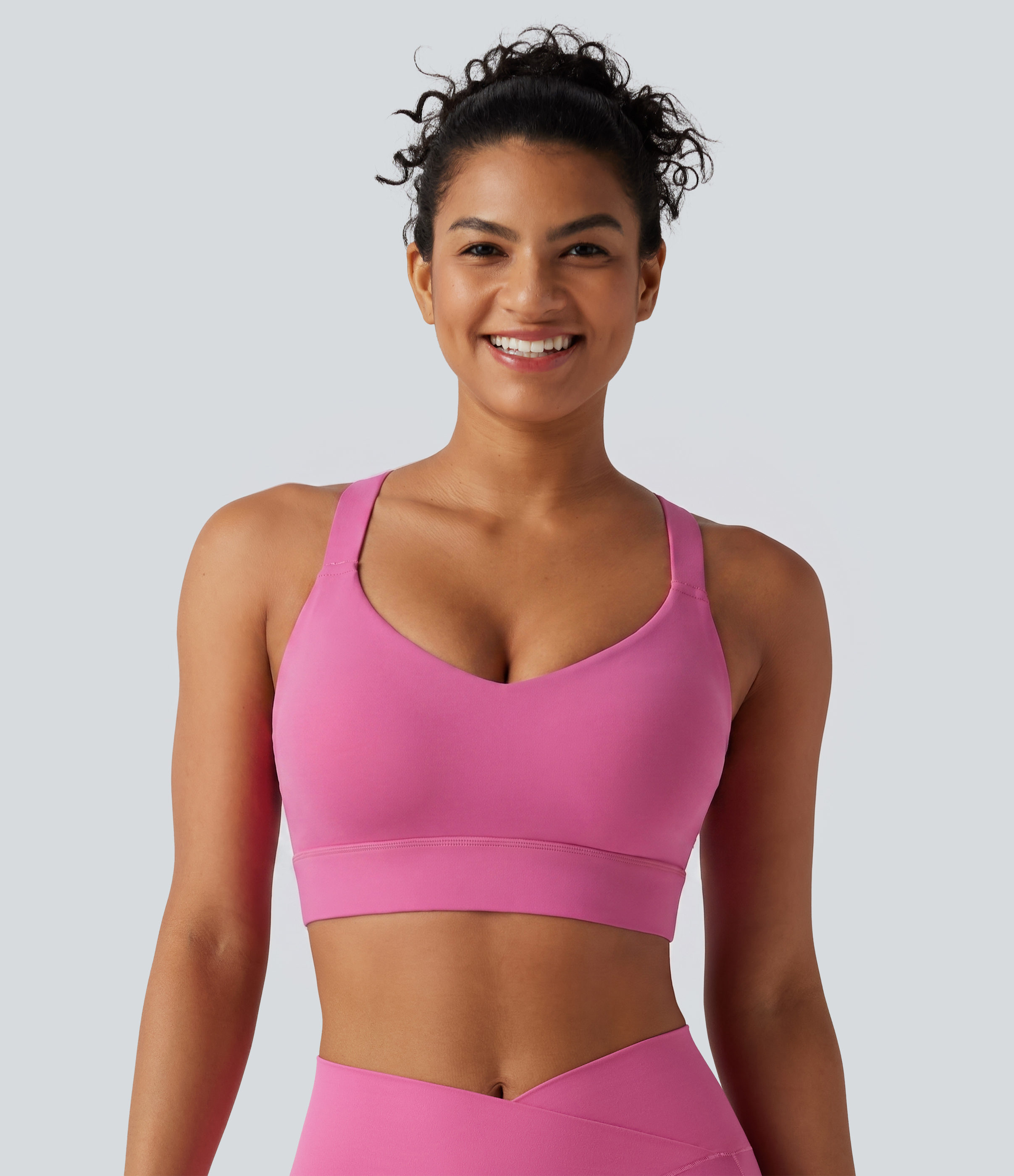 Pink Power Halara UltraSculpt™ Medium Support V Neck Built-in Bra Training Sports Bra DD-F Cups / 2