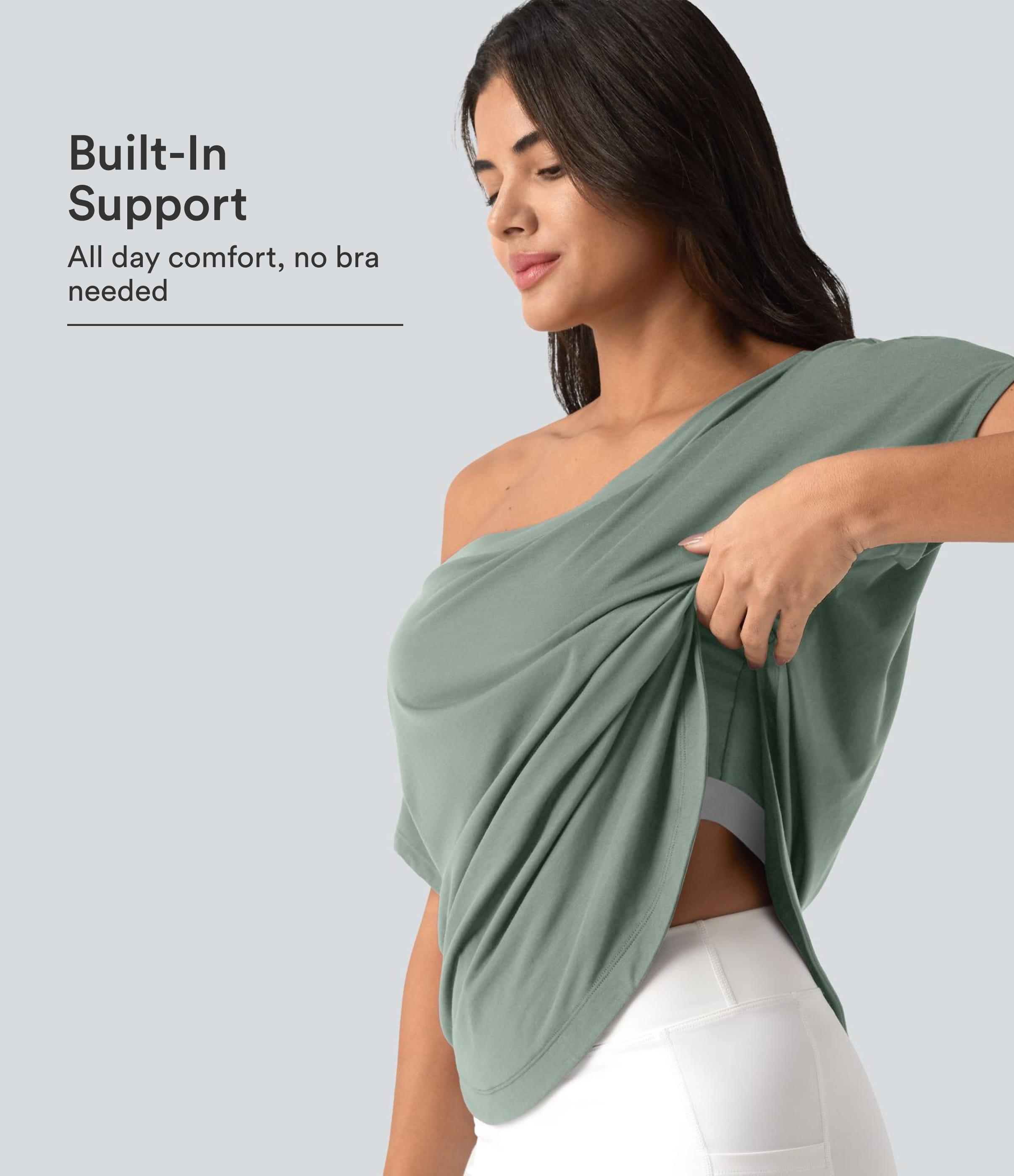 One Shoulder Short Sleeve Curved Hem High Low Quick Dry Yoga Sports Top-Built-in Bra