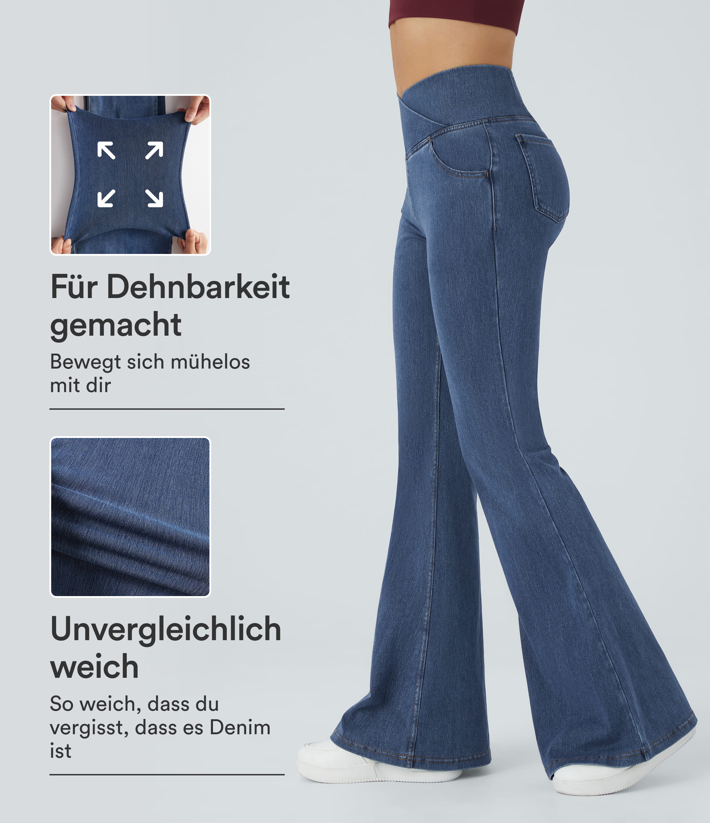 Halara Flex™ gewaschene, lässige Crossover-Flare-Jeans aus elastischem Strick-Denim mit Seitentaschen