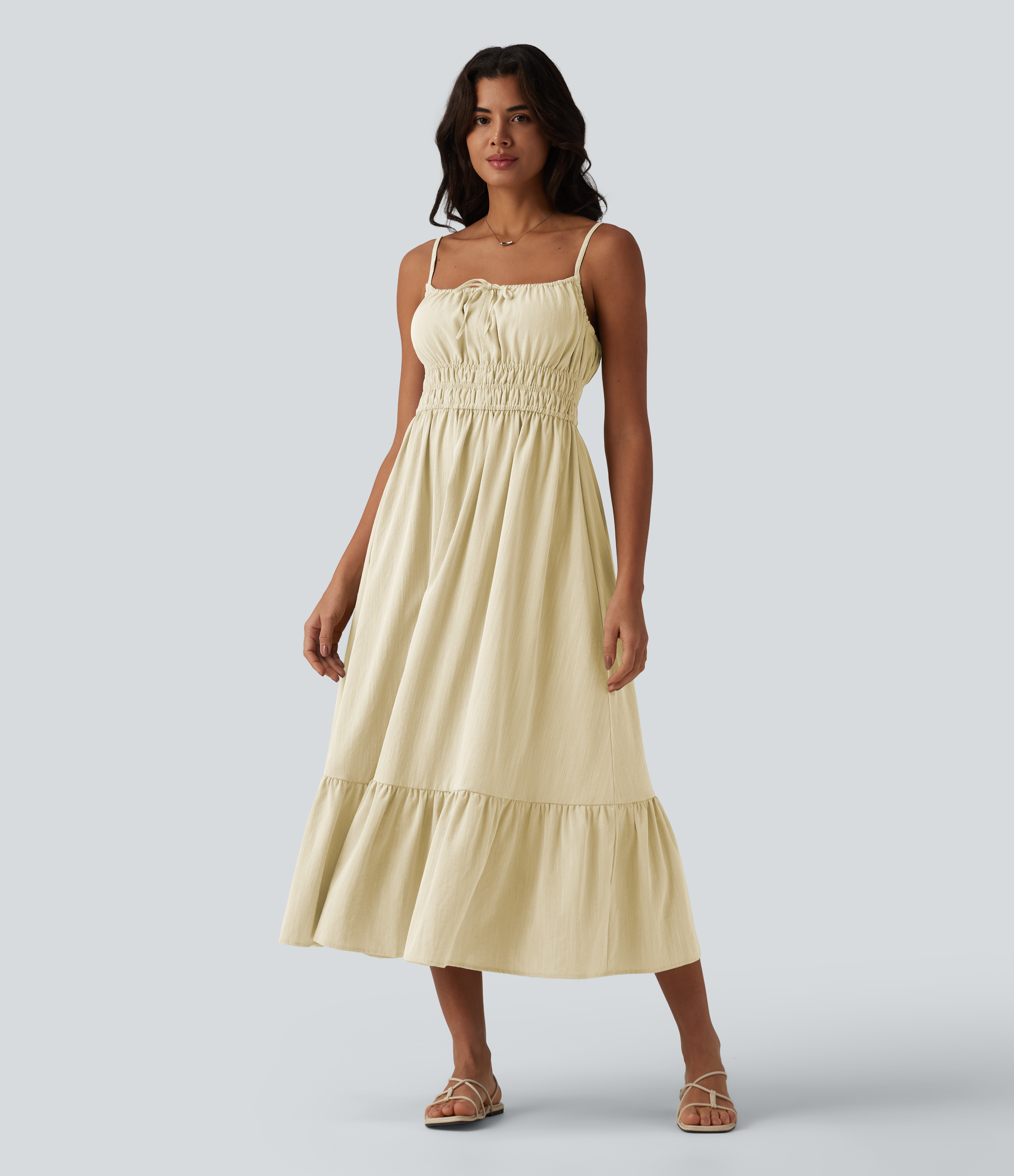 Tie Front Flowy Midi Casual Linen-Feel Slip Dress