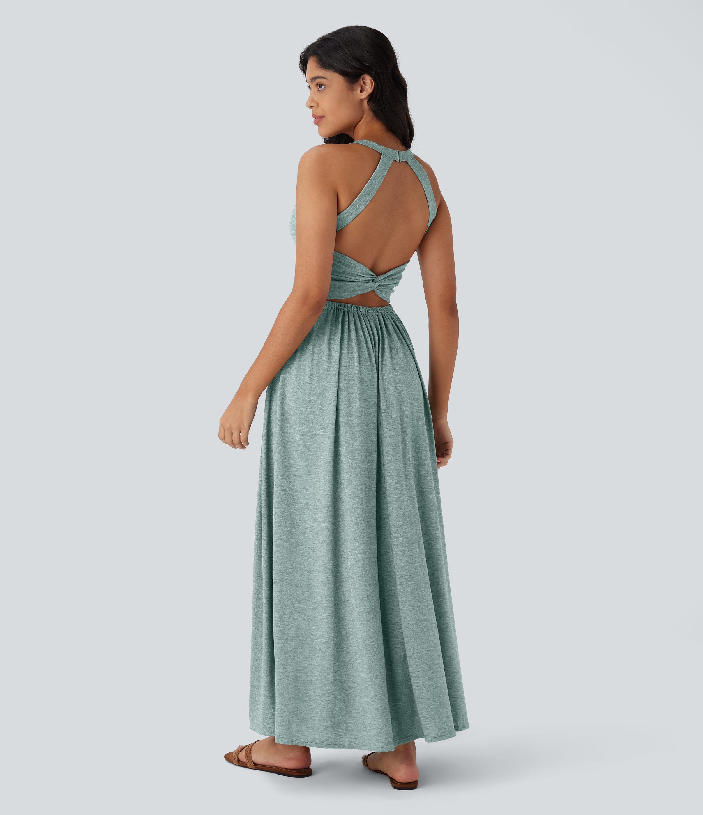 XS Misty Pale Blue Twisted Backless Split Flowy Maxi Resort Dress with Pockets