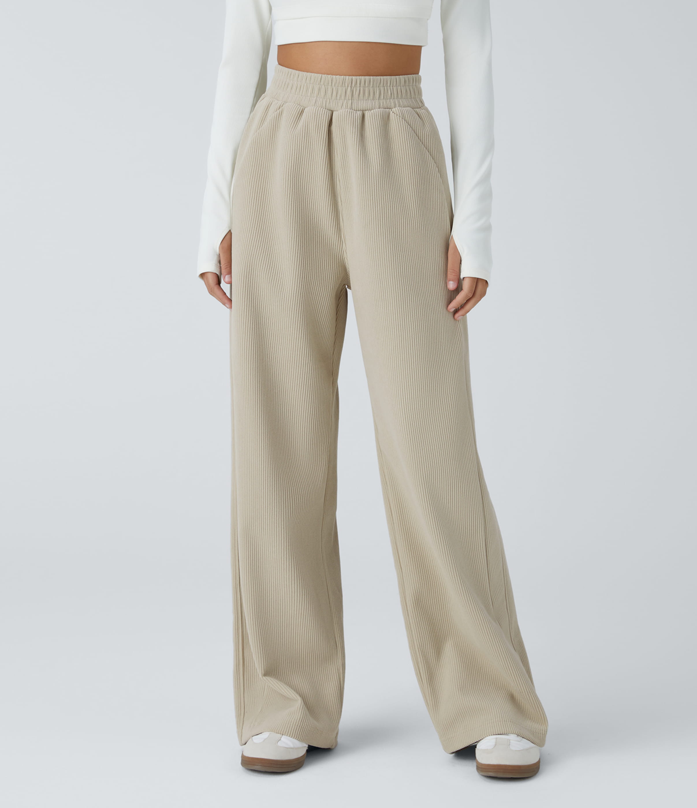 Pantalon Droit Décontracté en Velours Côtelé avec Poches et Taille Haute