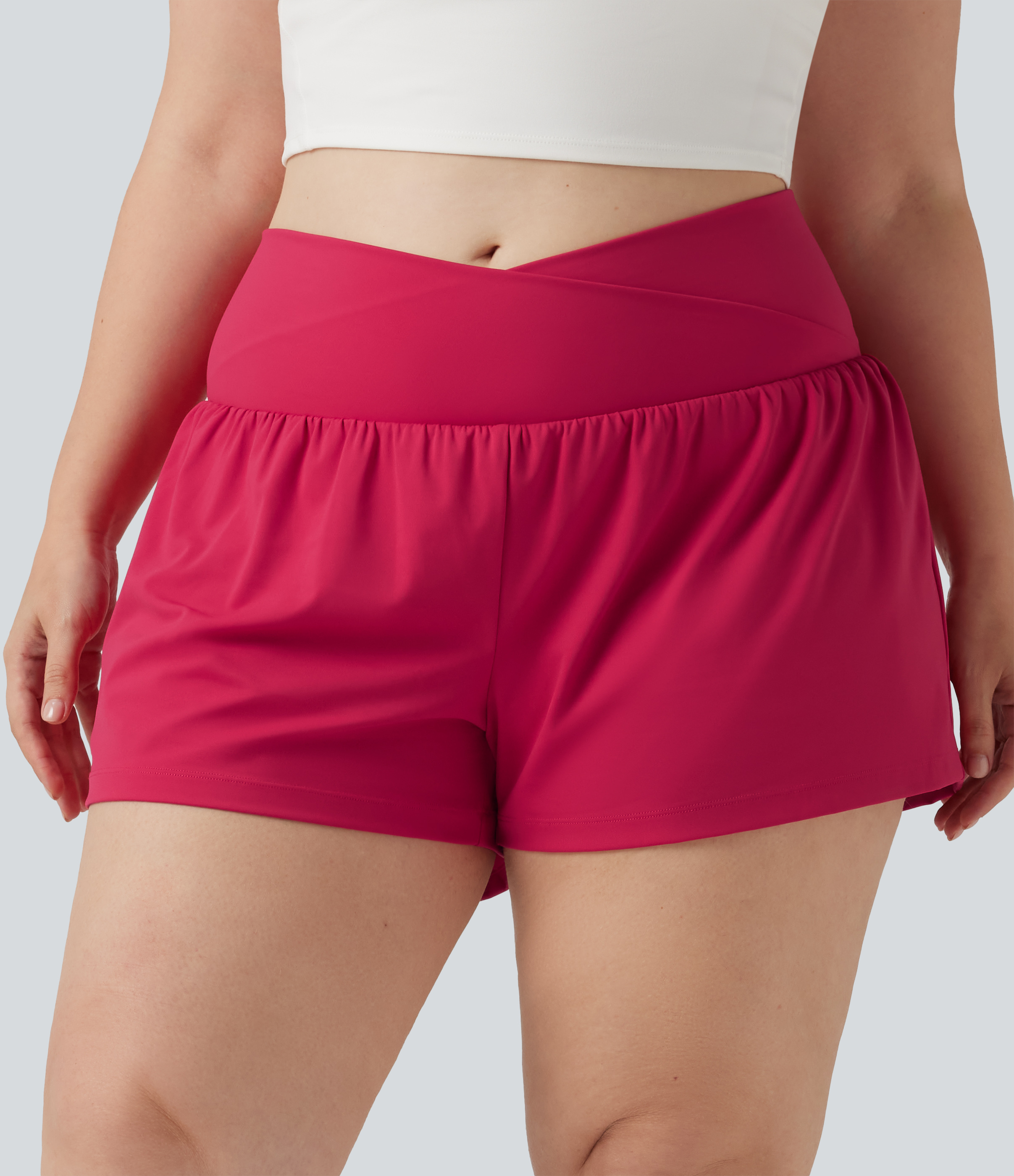 SoftlyZero™ Airy Crossover High Waisted 2-in-1 Cool Touch Yoga Plus Size Shorts 3'' with Pockets