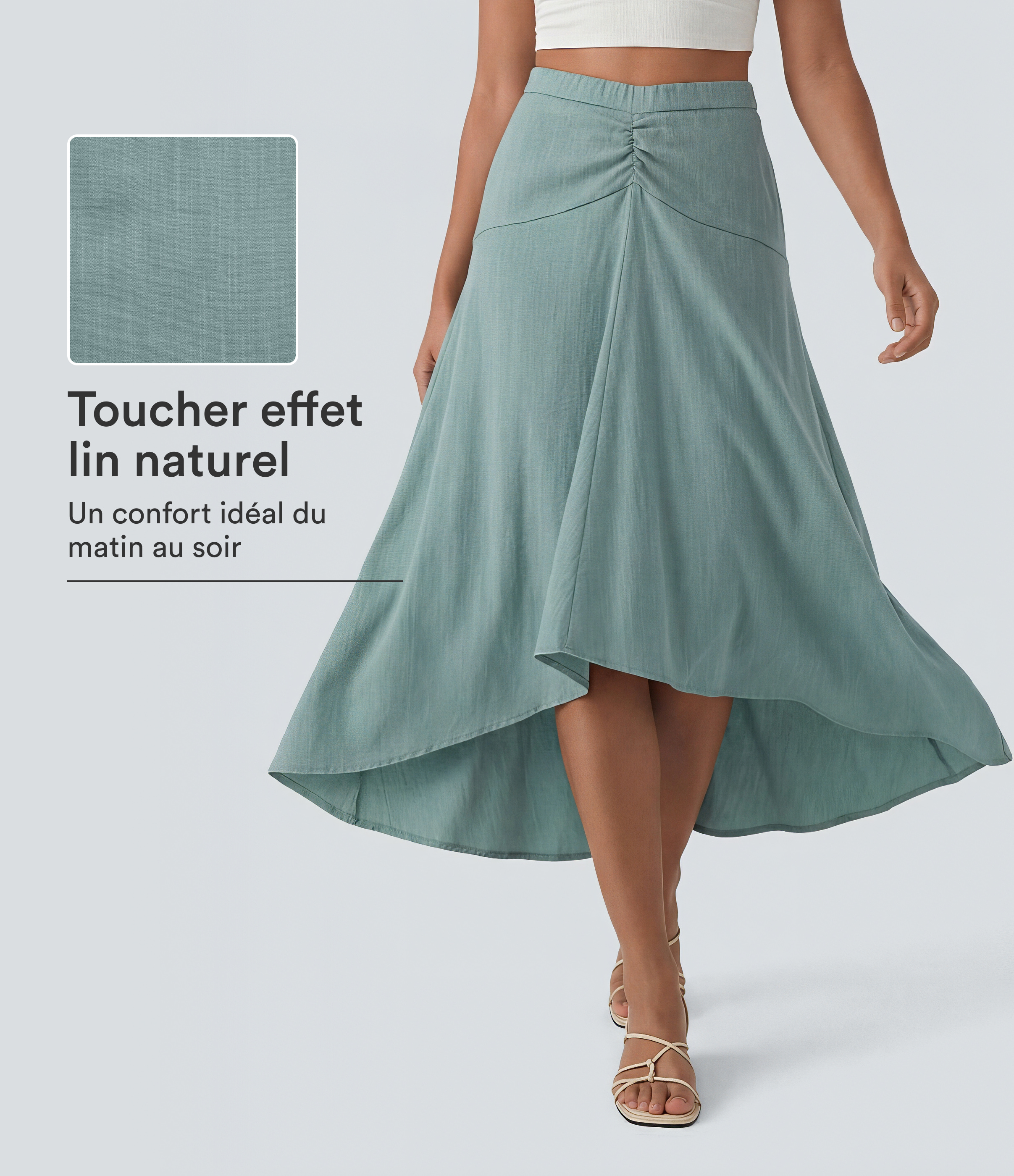 Jupe longue taille haute ourlet asymétrique aspect lin
