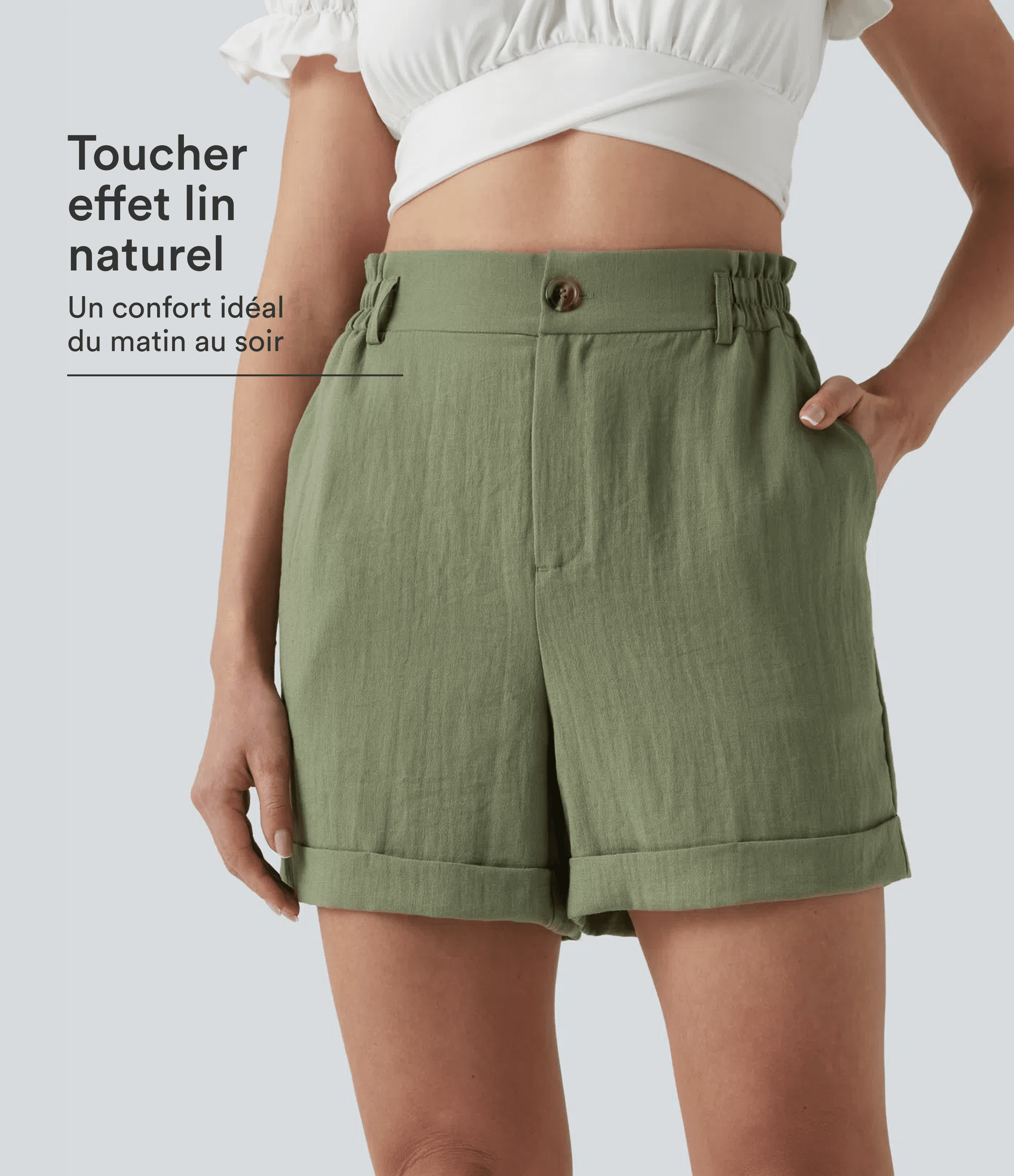Short resort 12,5 cm taille haute effet lin avec ourlet roulotté et poches