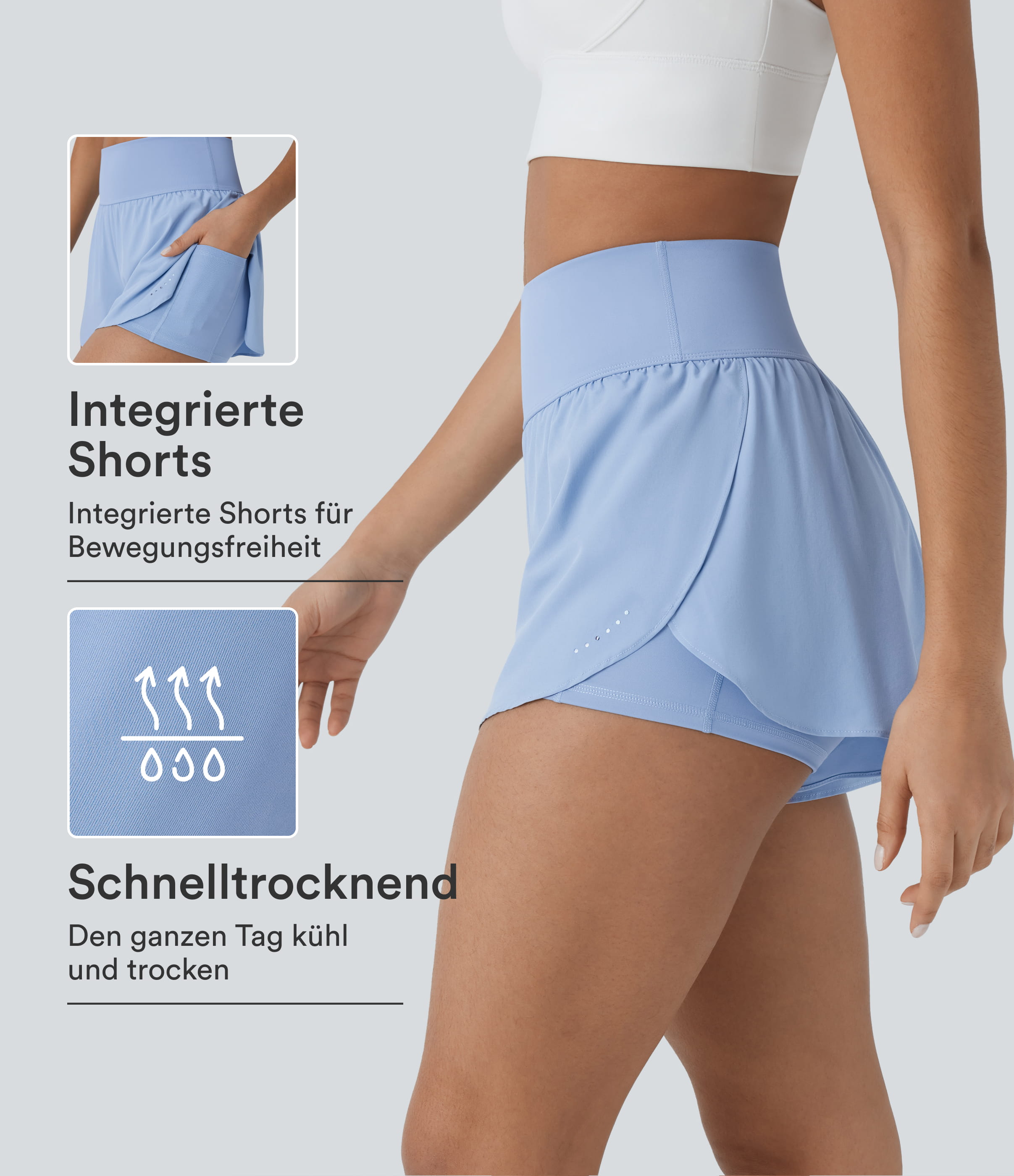 Softlyzero™ QuickDry - 2-in-1 Laufshorts mit hohem Bund, Seitentaschen, reflektierenden Punkten und überkreuztem Saum