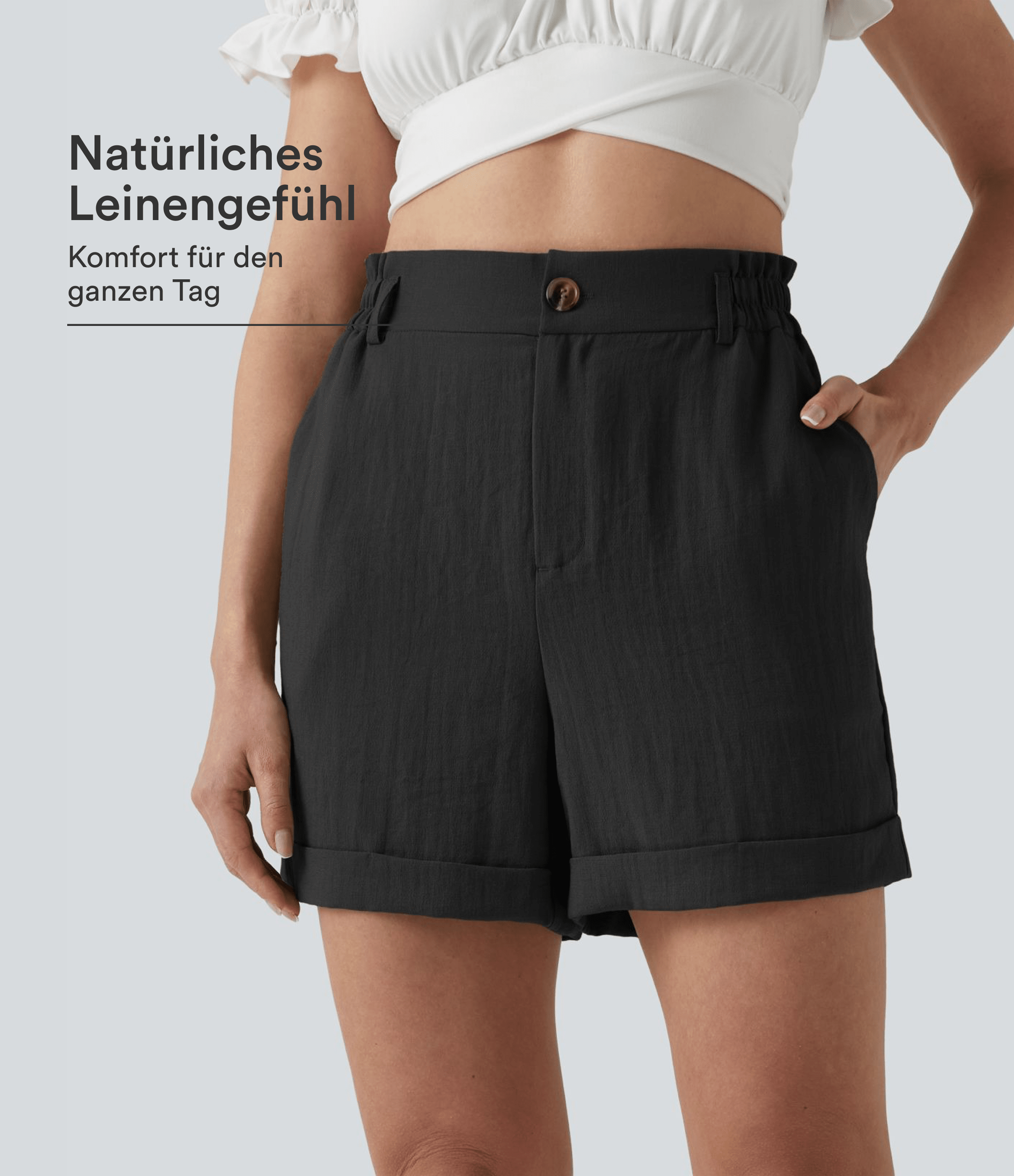 Urlaubs-Shorts in Leinenoptik mit hohem Bund, Seitentaschen und umgeschlagenem Saum - 12,7 cm