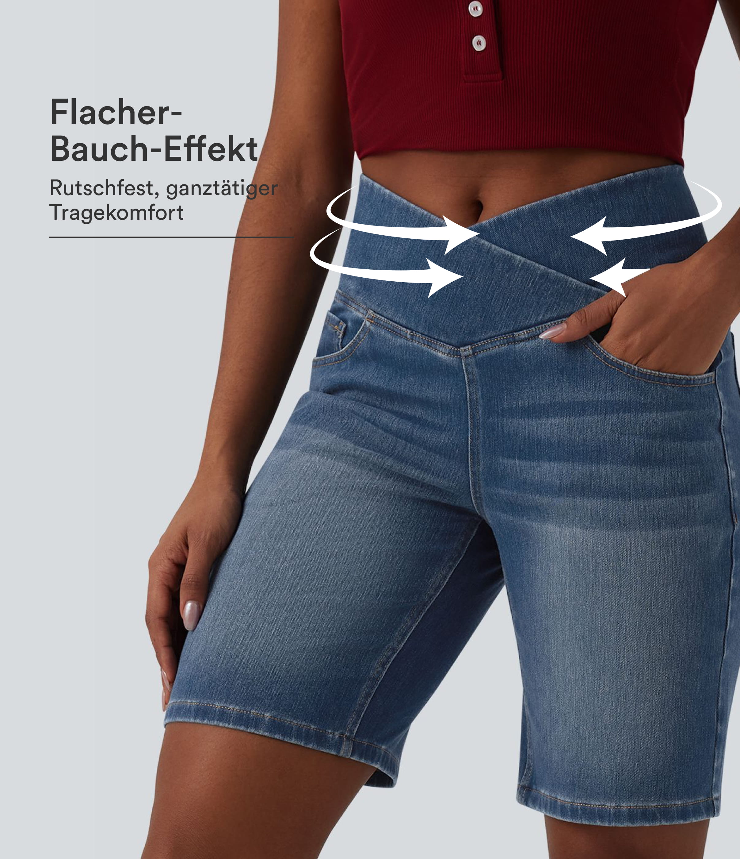 Halara Flex™ - Lässige Denim-Shorts mit hohem Crossover-Bund, mehreren Taschen und Bauchkontrolle