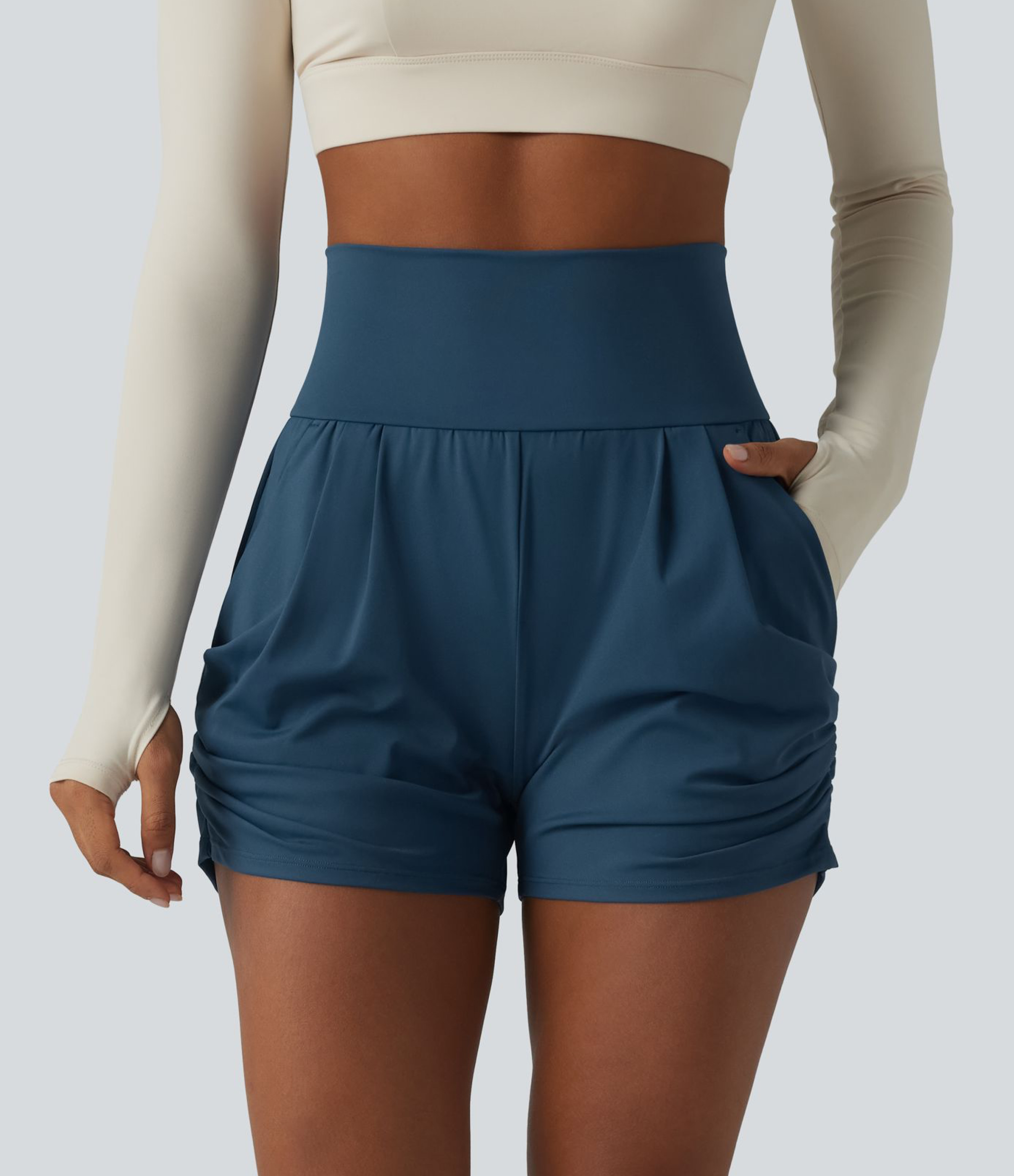 Softlyzero™ Airy - Geraffte Yoga-Hose mit hohem Bund, mehreren Taschen und Cool-Touch - 7,6 cm