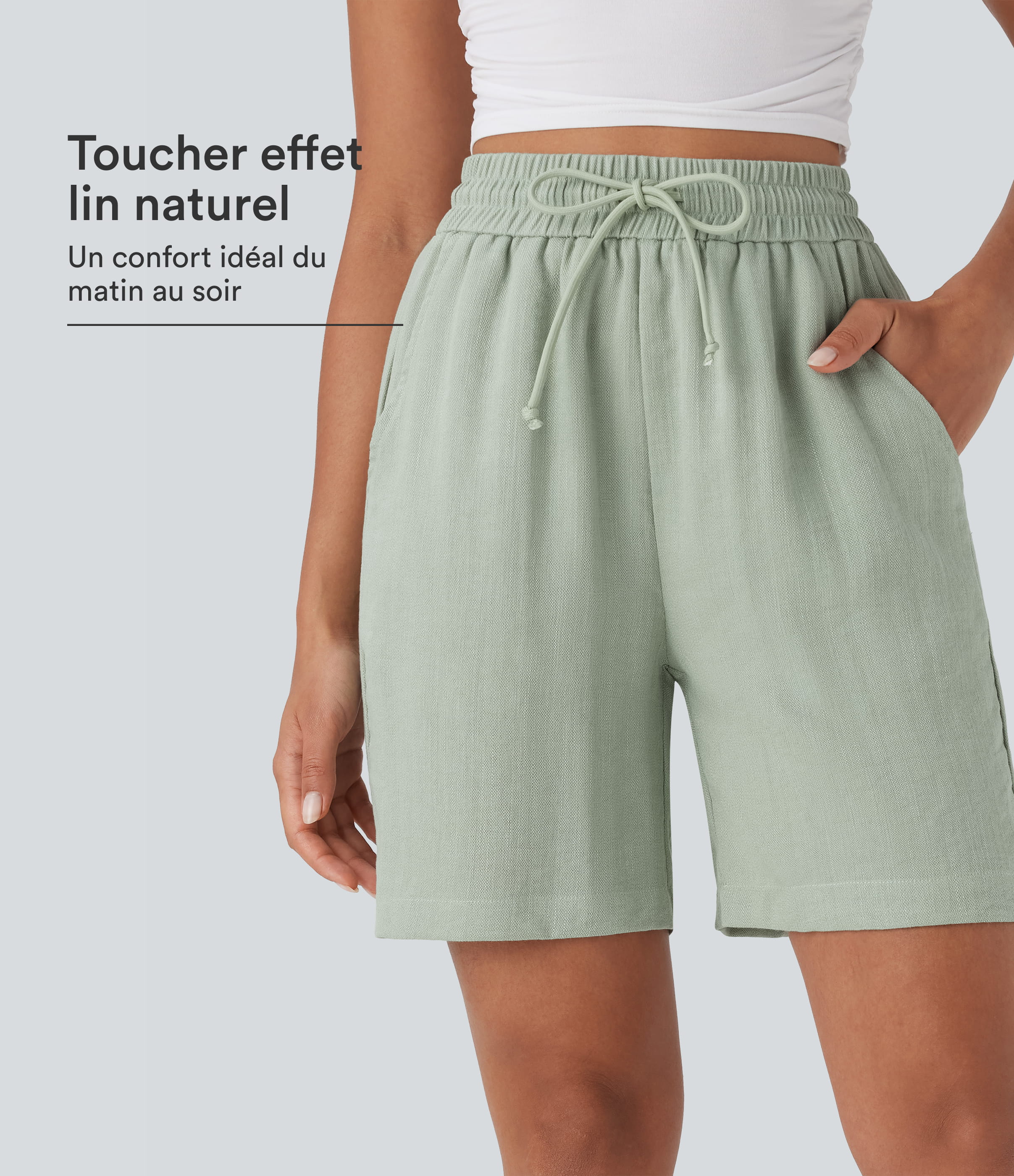 Short décontracté effet lin taille haute avec cordon de serrage et poches latérales
