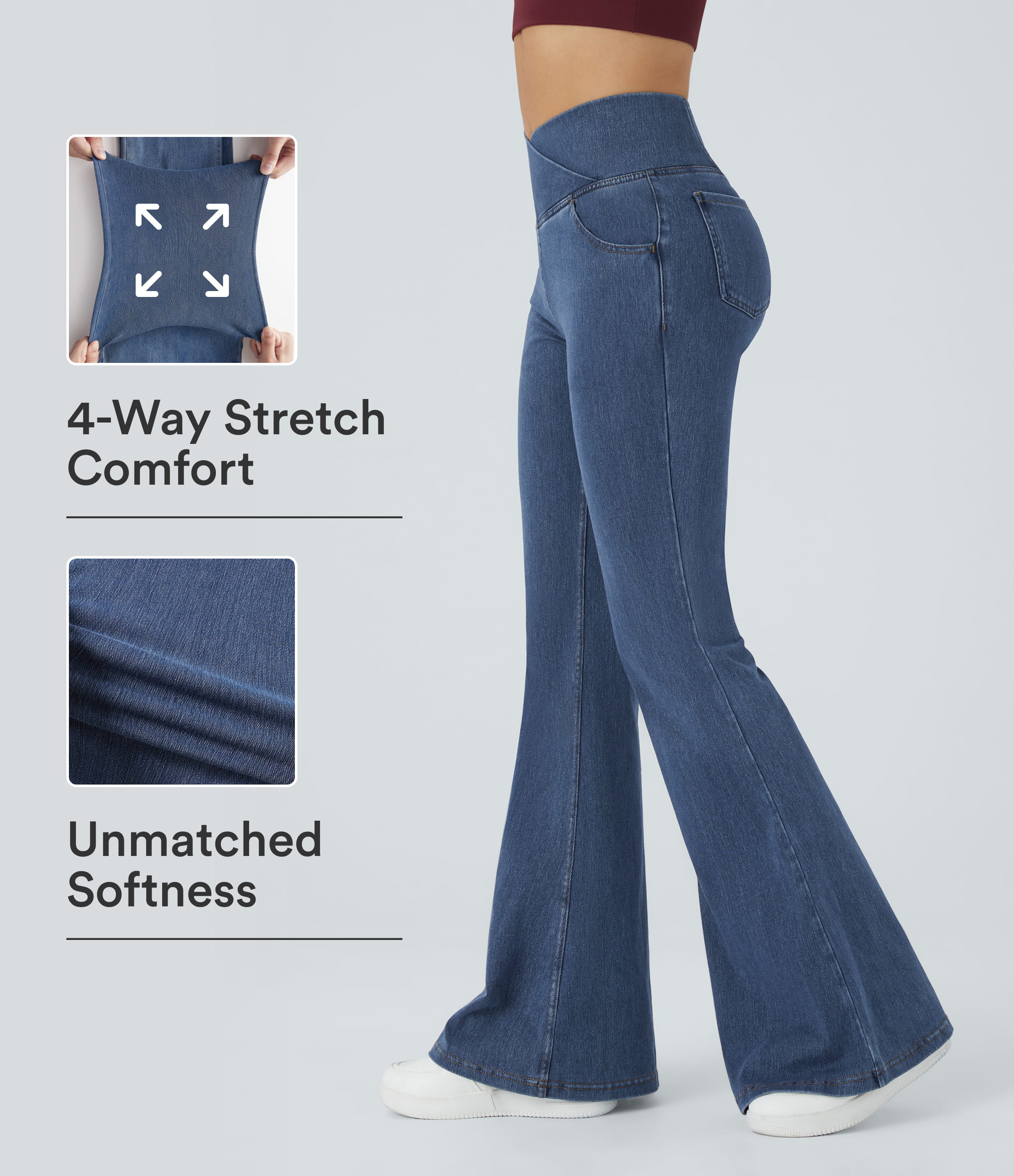 Jeans Halara Flex™ súper acampanado elástico lavado bolsillo cruzado tiro alto